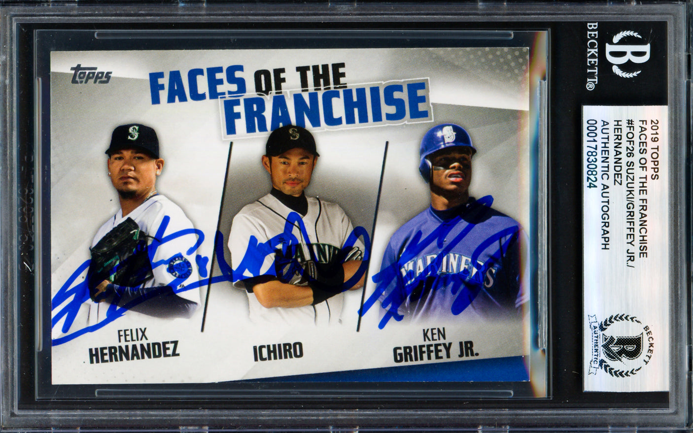 Ken Griffey Jr., Ichiro Suzuki & Felix Hernandez Autographed 2019 Topps Faces of the Franchise Card #FOF-26 Seattle Mariners Beckett BAS #17830824