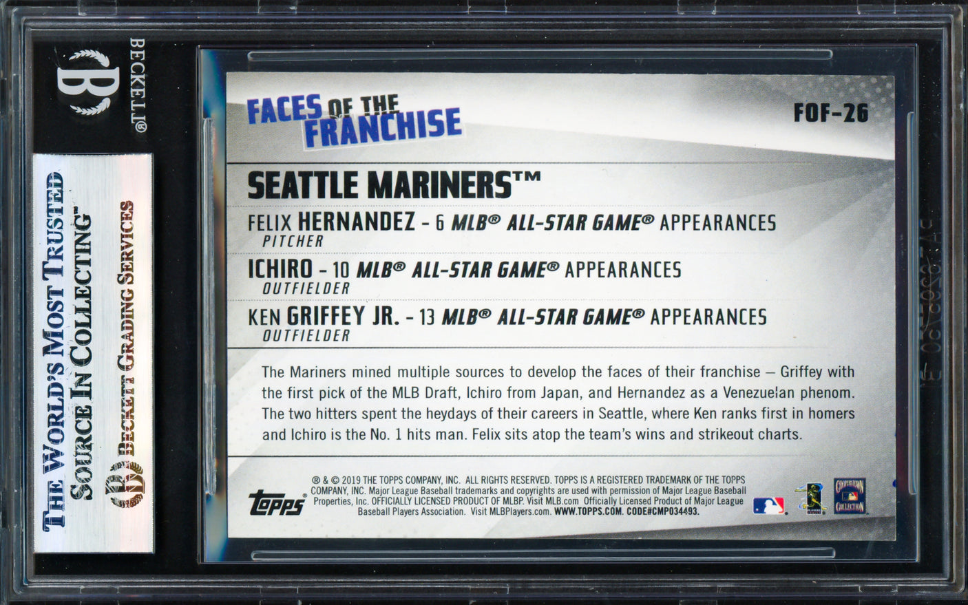 Ken Griffey Jr., Ichiro Suzuki & Felix Hernandez Autographed 2019 Topps Faces of the Franchise Card #FOF-26 Seattle Mariners Beckett BAS #17830824