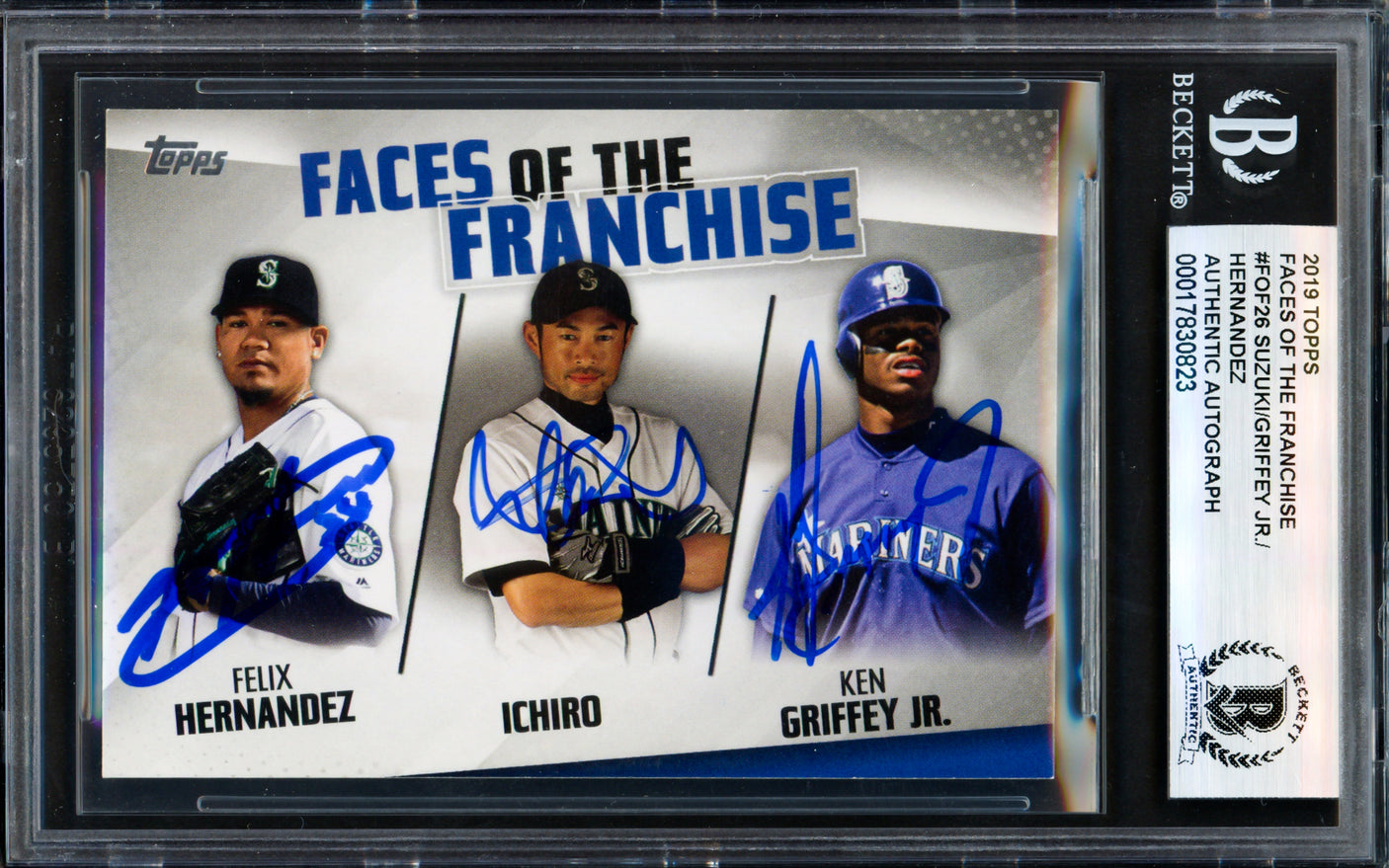 Ken Griffey Jr., Ichiro Suzuki & Felix Hernandez Autographed 2019 Topps Faces of the Franchise Card #FOF-26 Seattle Mariners Beckett BAS #17830823
