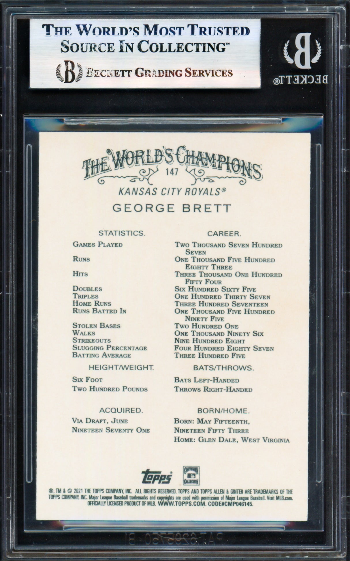 George Brett Autographed 2021 Topps Allen & Ginter Card #147 Kansas City Royals Beckett BAS #17830819