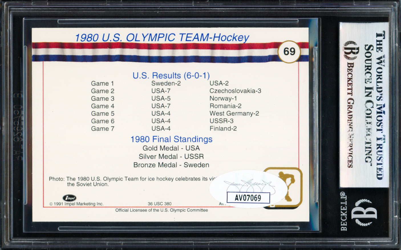 Herb Brooks Autographed 1991 Impel Olympics Card #69 1980 Team USA Beckett BAS #17830833