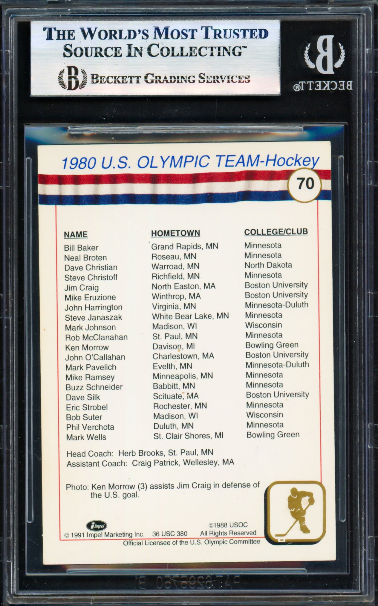 Herb Brooks Autographed 1991 Impel Olympics Card #70 1980 Team USA Beckett BAS #17830834