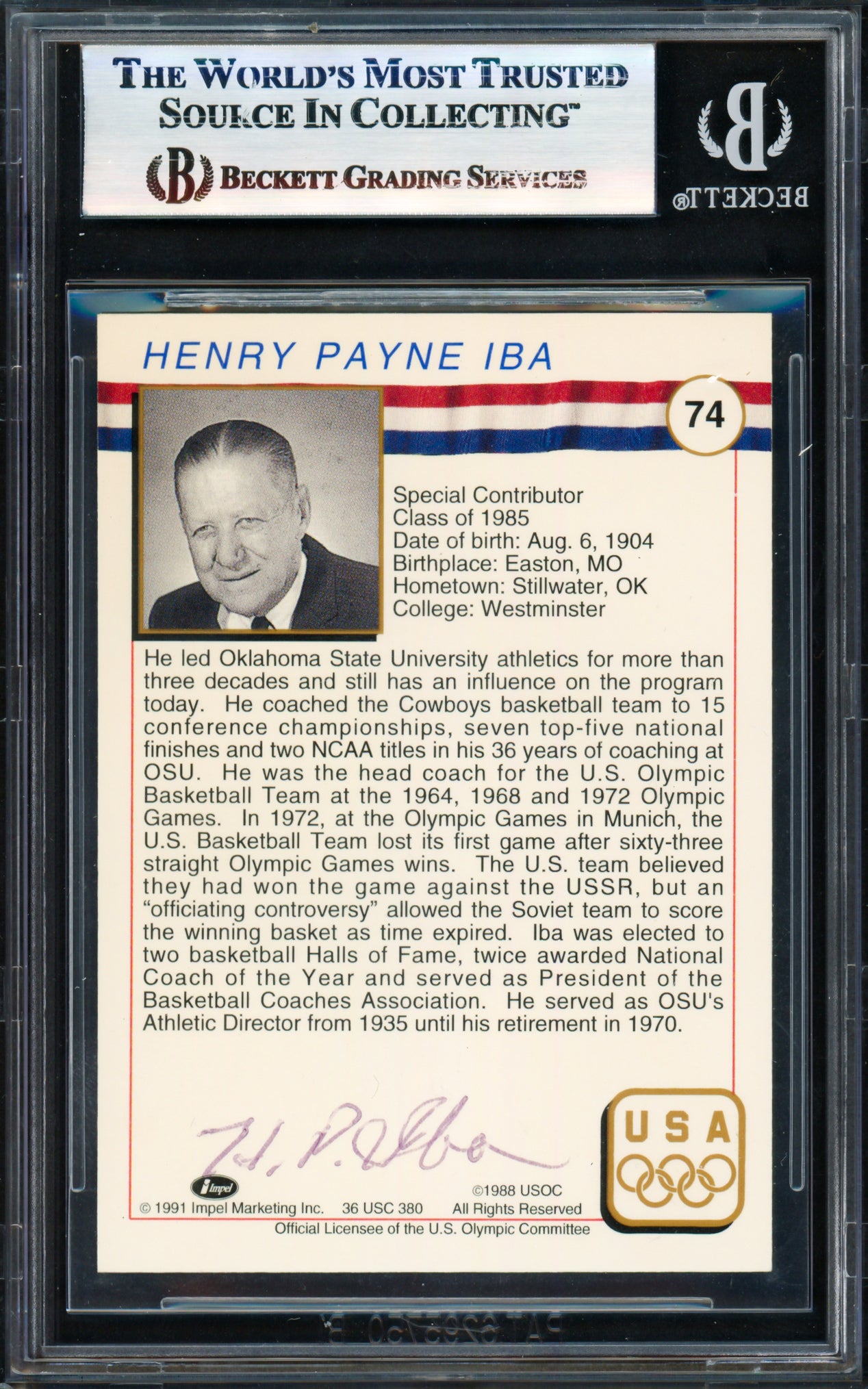 Henry Iba Autographed 1991 Impel Olympics Card #74 1964 U.S. Beckett BAS #17830837
