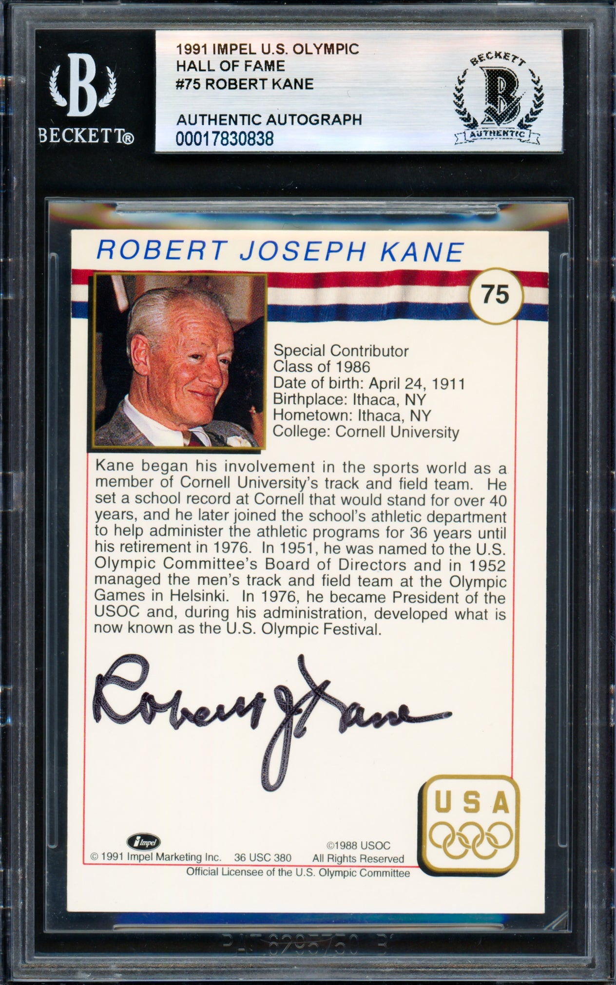Robert Kane Autographed 1991 Impel Olympics Card #75 Beckett BAS #17830838