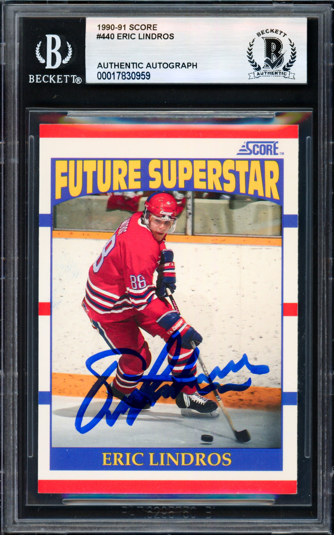 Eric Lindros Autographed 1990-91 Score Rookie Card #440 Beckett BAS #17830959