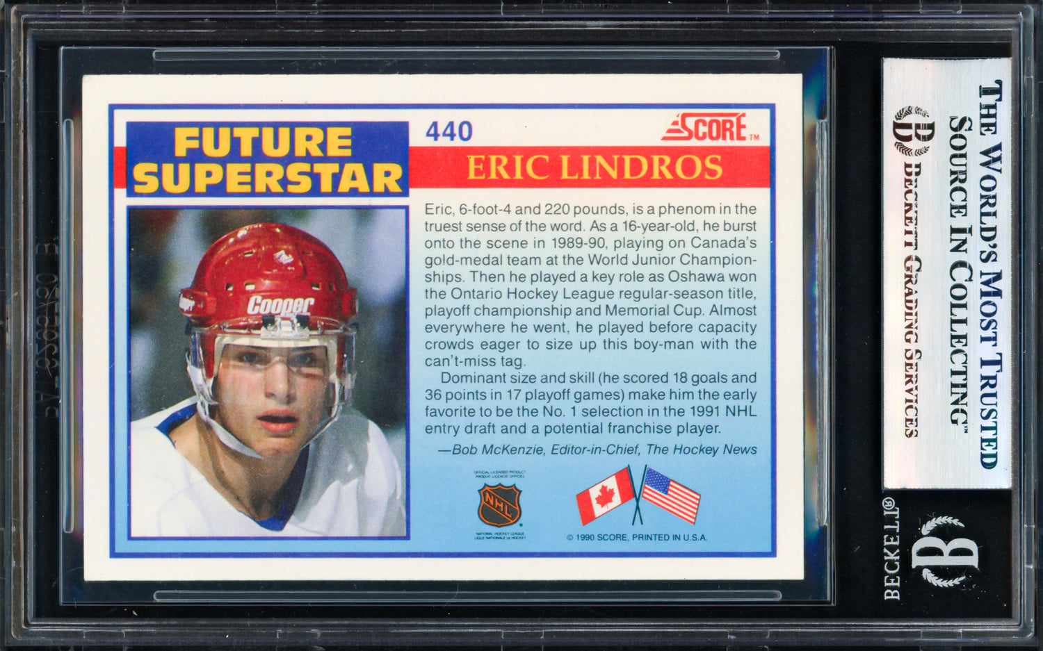 Eric Lindros Autographed 1990-91 Score Rookie Card #440 Beckett BAS #17830959