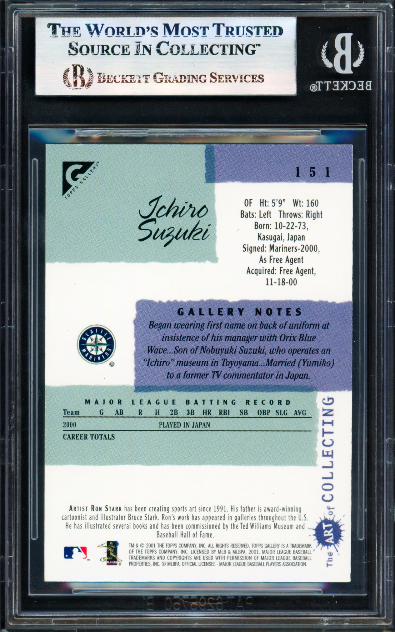 Ichiro Suzuki Autographed 2001 Topps Gallery English Rookie Card #151 Seattle Mariners Beckett BAS #17830407