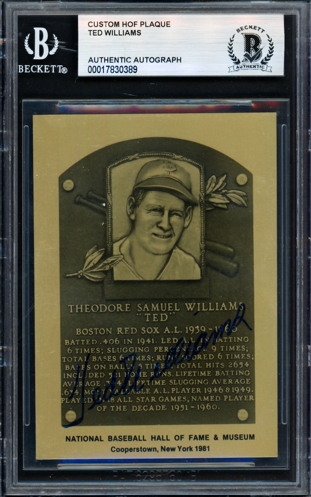 Ted Williams Autographed 1981 Hall of Fame Metallic Plaque Card Boston Red Sox Beckett BAS #17830389