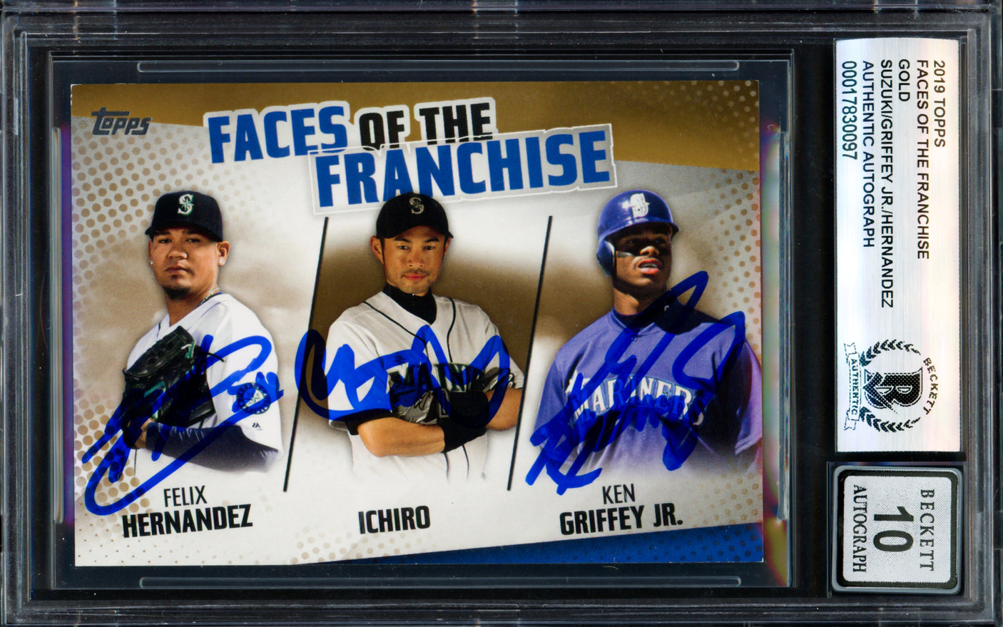 Ken Griffey Jr., Ichiro Suzuki & Felix Hernandez Autographed 2019 Topps Faces of the Franchise Gold Card #FOF-26 Seattle Mariners Auto Grade Gem Mint 10 #15/50 Beckett BAS #17830097