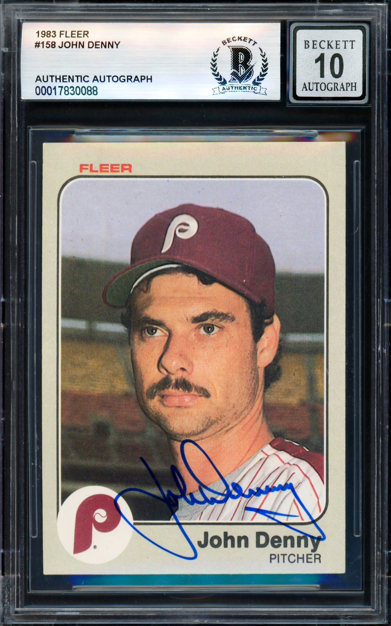 John Denny Autographed 1983 Fleer Card #158 Philadelphia Phillies Auto Grade Gem Mint 10 Beckett BAS #17830088