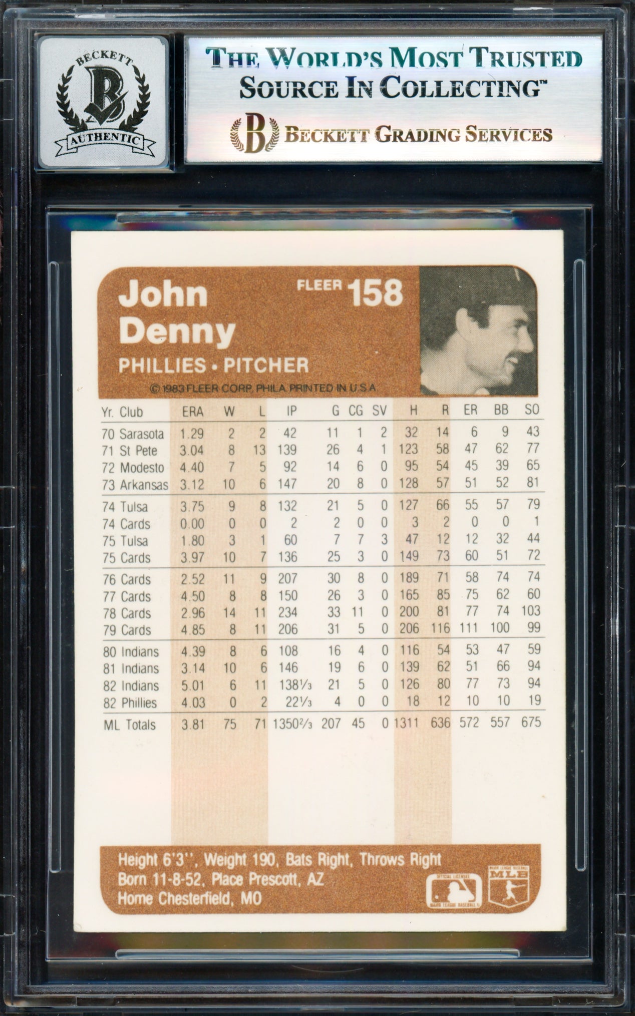 John Denny Autographed 1983 Fleer Card #158 Philadelphia Phillies Auto Grade Gem Mint 10 Beckett BAS #17830088