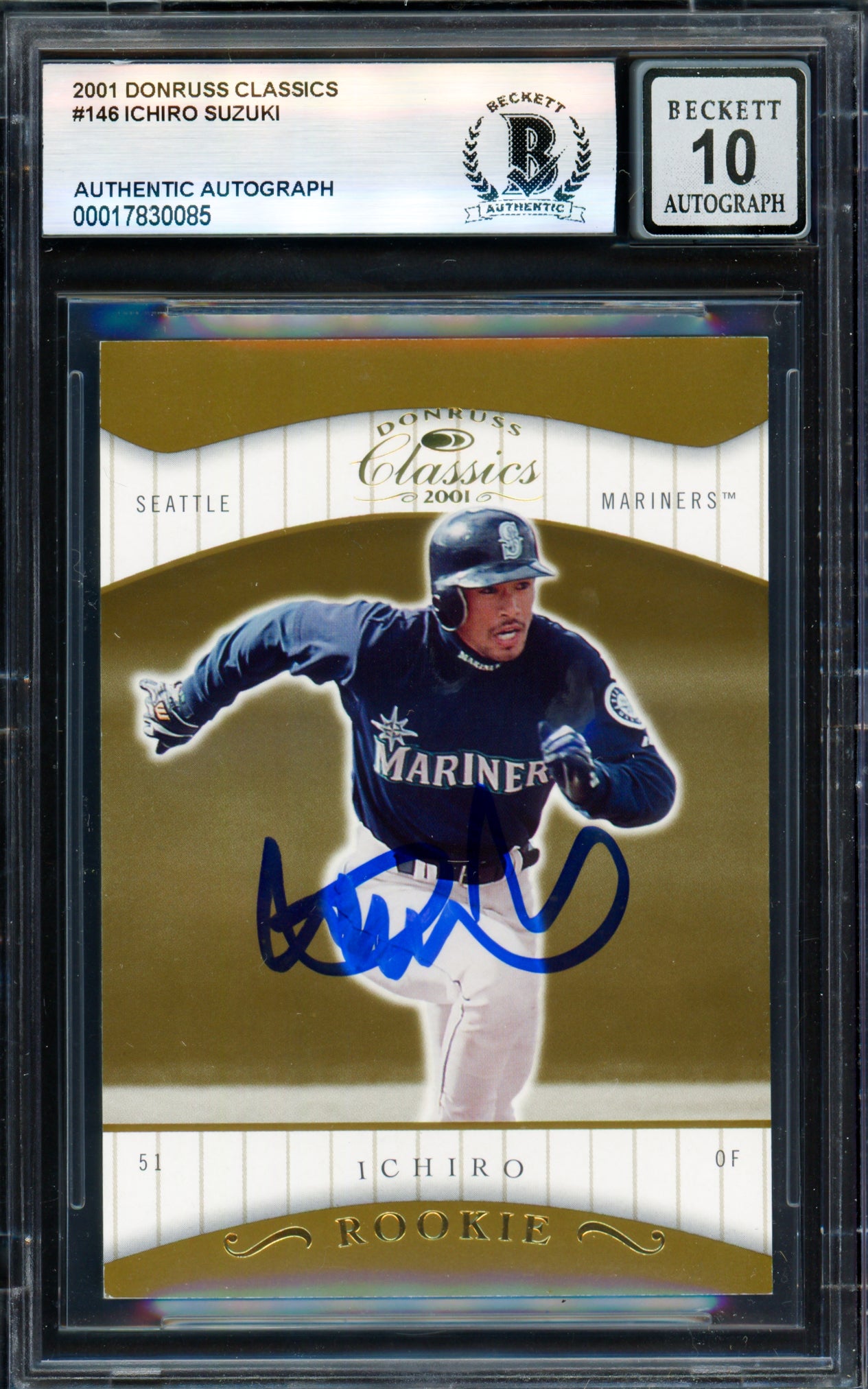 Ichiro Suzuki Autographed 2001 Donruss Classics Rookie Card #146 Seattle Mariners Auto Grade Gem Mint 10 #451/585 Beckett BAS #17830085