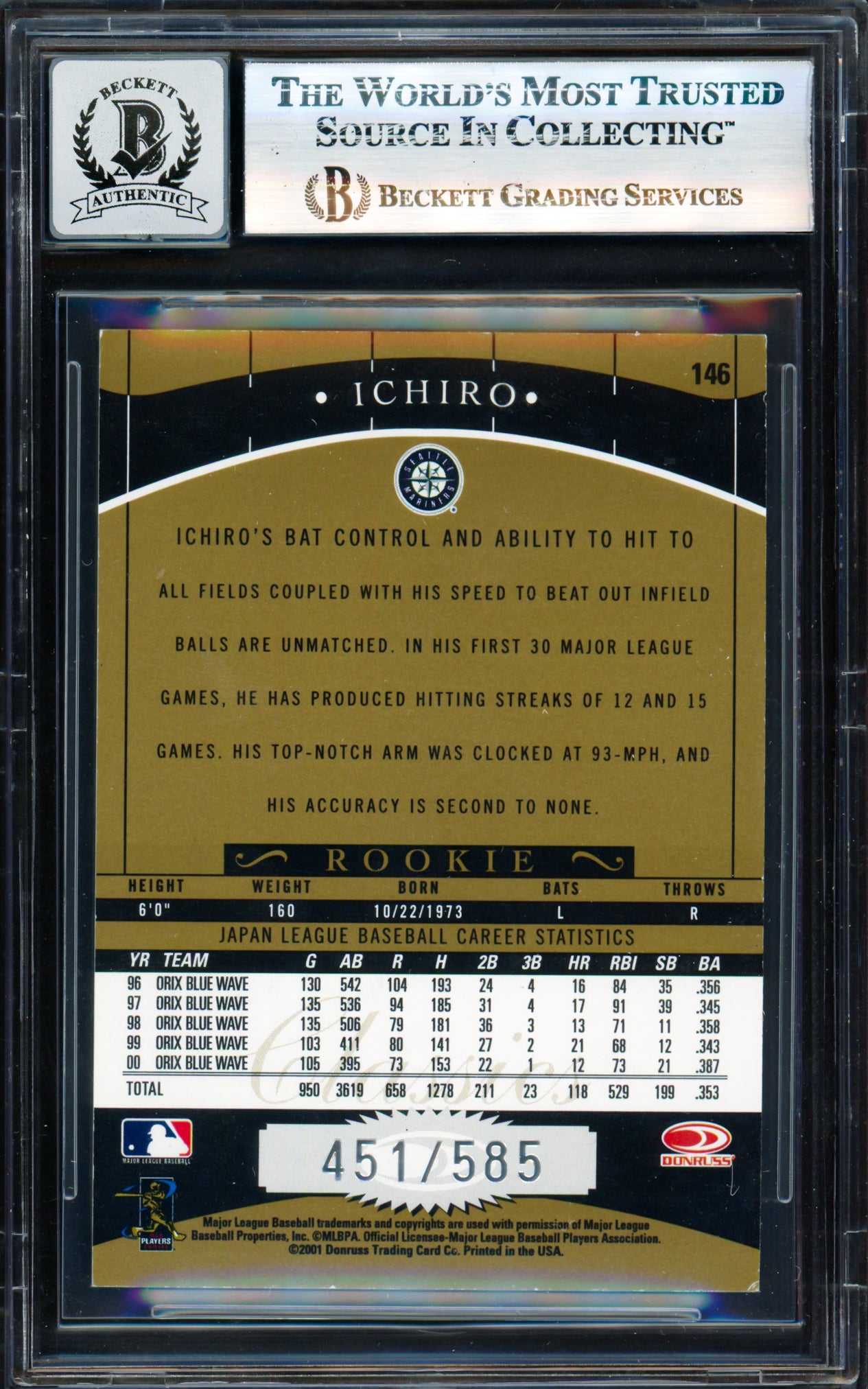 Ichiro Suzuki Autographed 2001 Donruss Classics Rookie Card #146 Seattle Mariners Auto Grade Gem Mint 10 #451/585 Beckett BAS #17830085