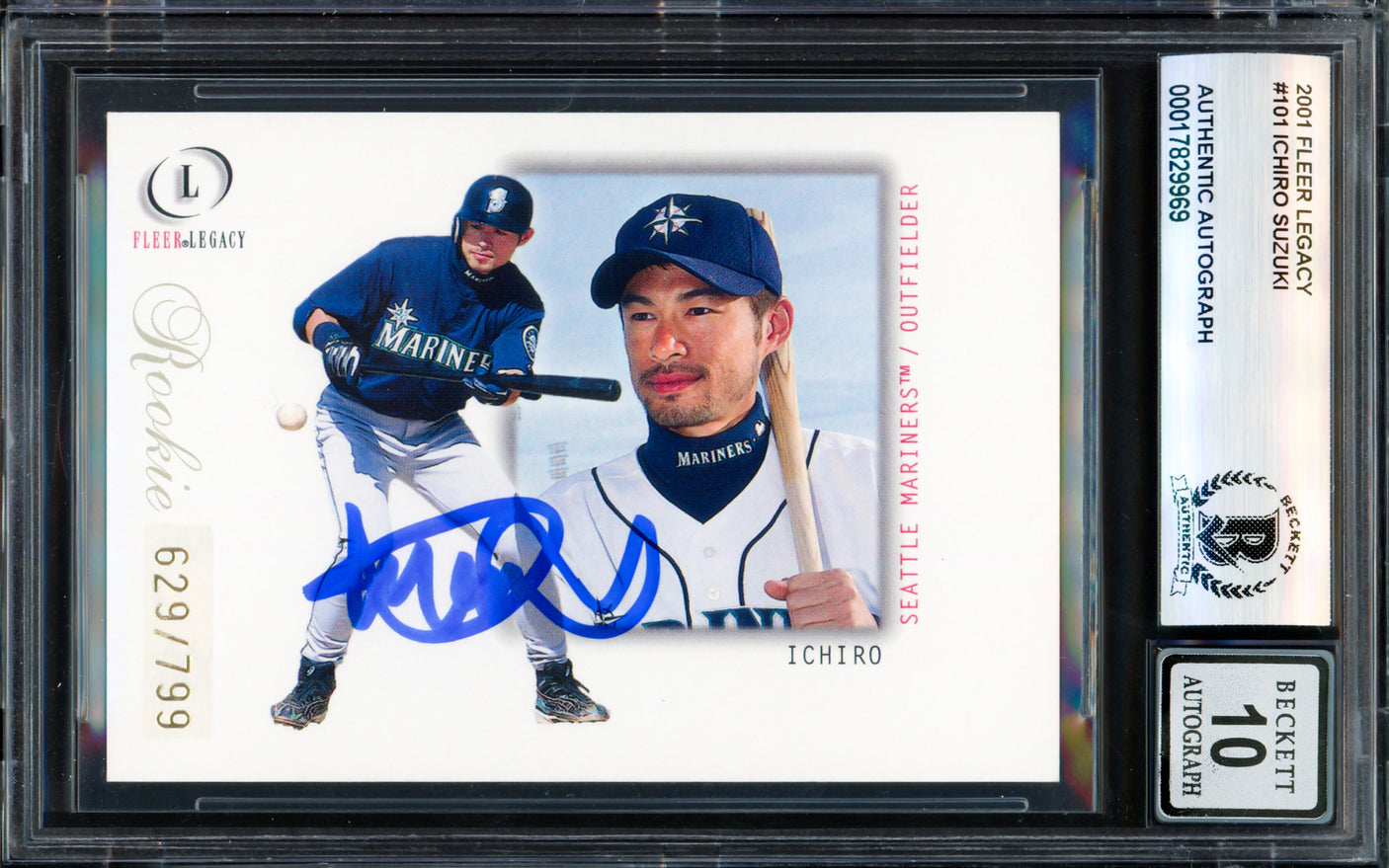 Ichiro Suzuki Autographed 2001 Fleer Legacy Rookie Card #101 Seattle Mariners Auto Grade Gem Mint 10 #629/799 Beckett BAS #17829969