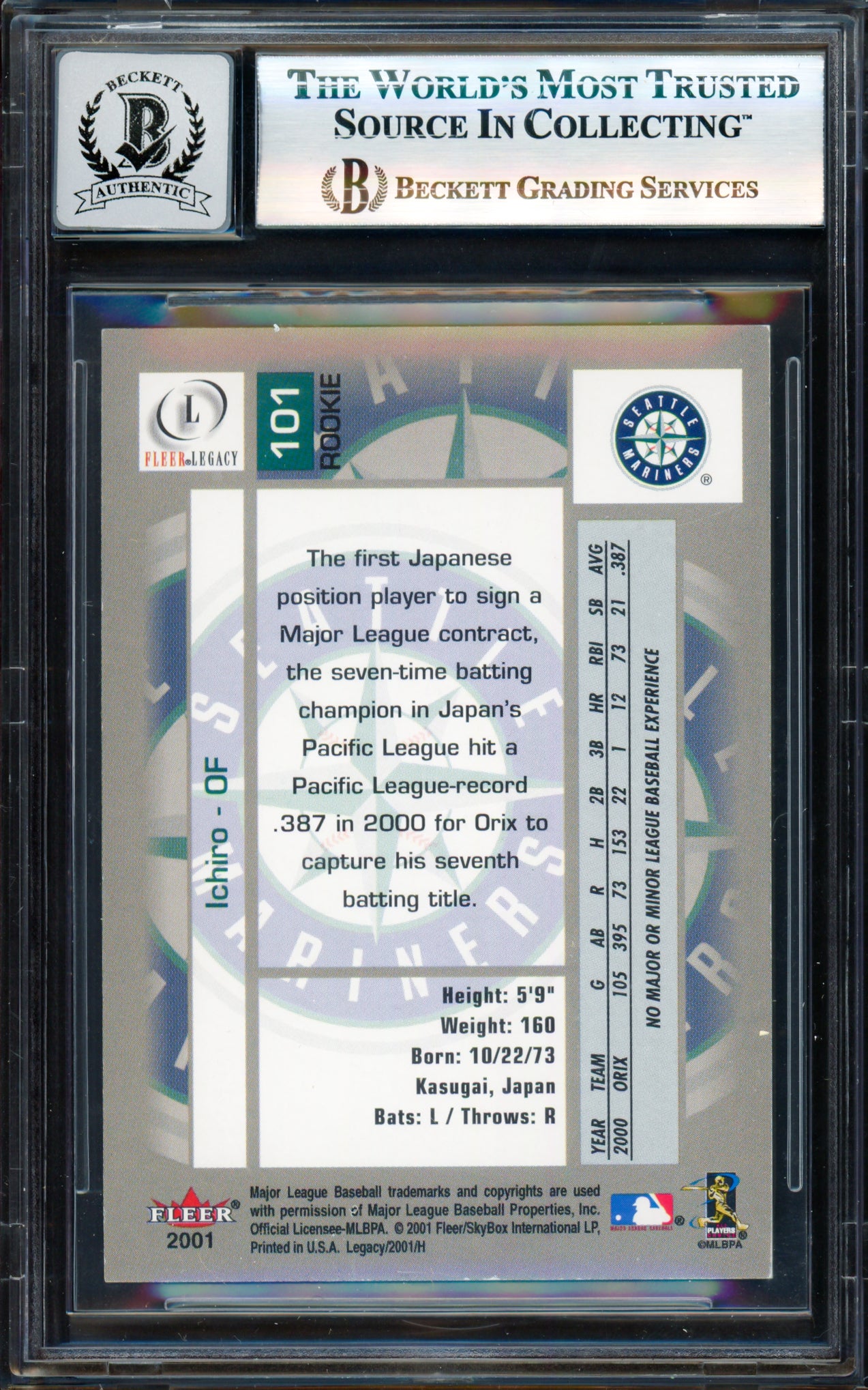 Ichiro Suzuki Autographed 2001 Fleer Legacy Rookie Card #101 Seattle Mariners Auto Grade Gem Mint 10 #629/799 Beckett BAS #17829969