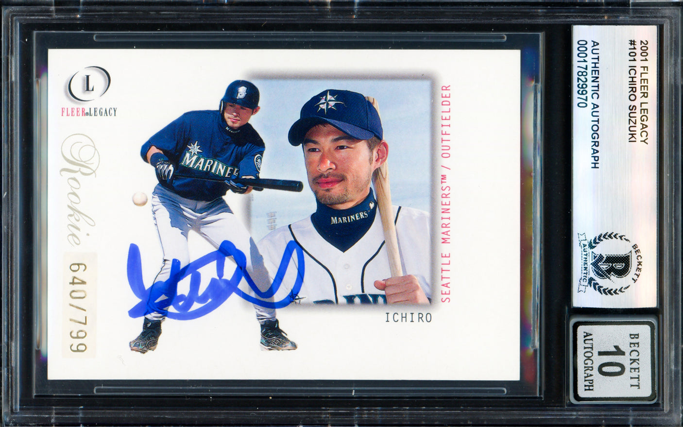 Ichiro Suzuki Autographed 2001 Fleer Legacy Rookie Card #101 Seattle Mariners Auto Grade Gem Mint 10 #640/799 Beckett BAS #17829970