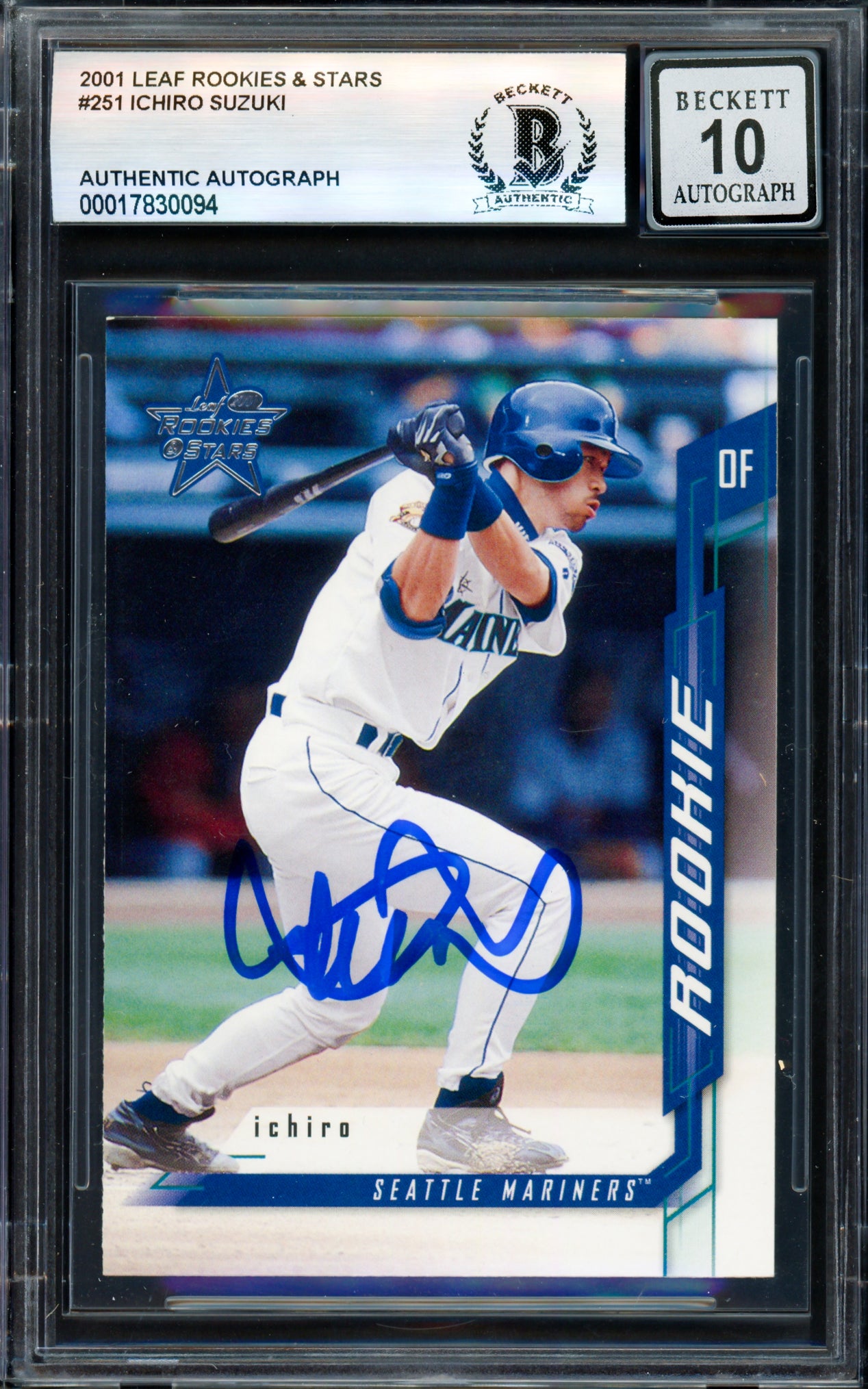 Ichiro Suzuki Autographed 2001 Leaf Rookies & Stars Rookie Card #251 Seattle Mariners Auto Grade Gem Mint 10 Beckett BAS #17830094