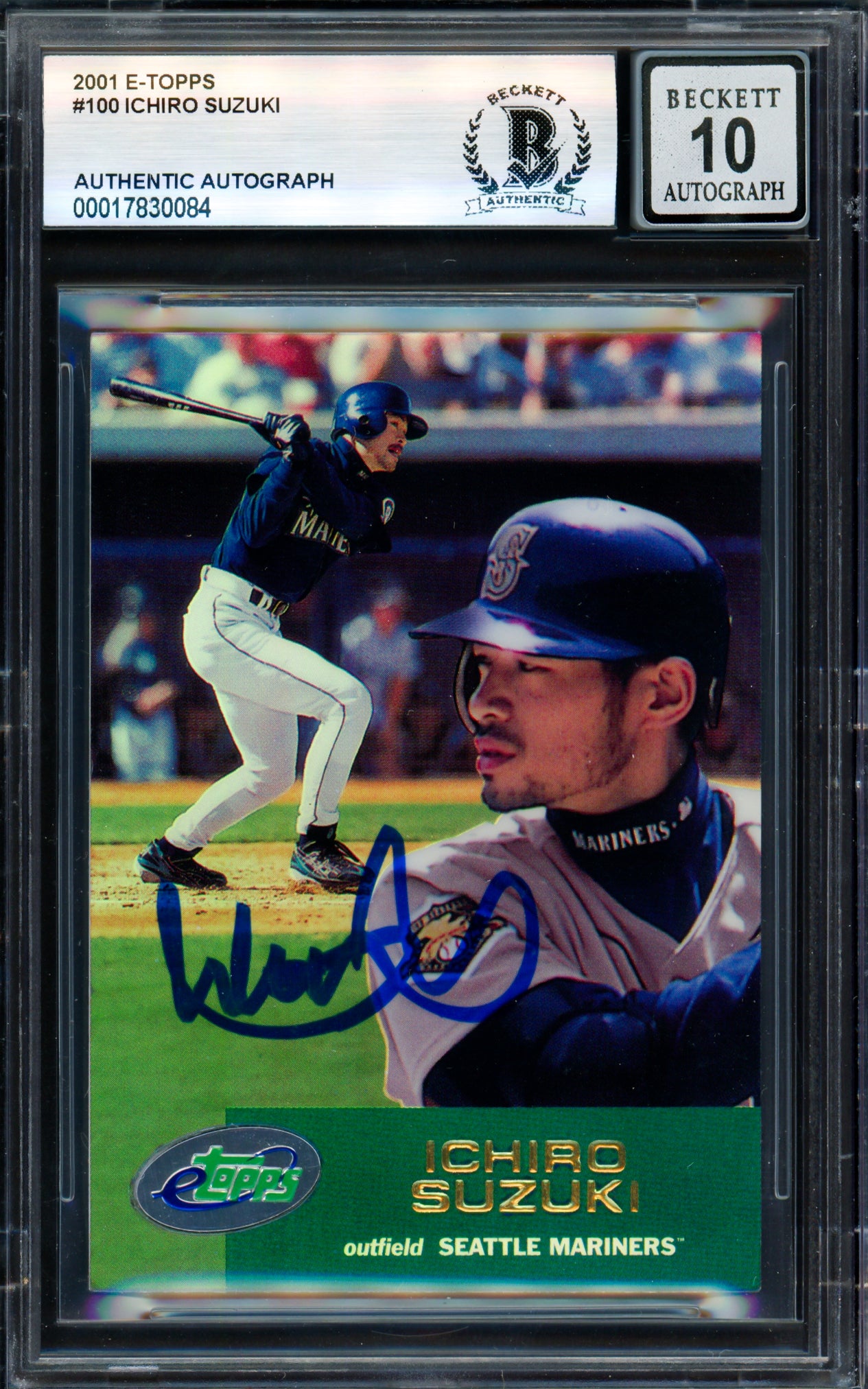 Ichiro Suzuki Autographed 2001 Topps eTopps Rookie Card #100 Seattle Mariners Auto Grade Gem Mint 10 Beckett BAS #17830084