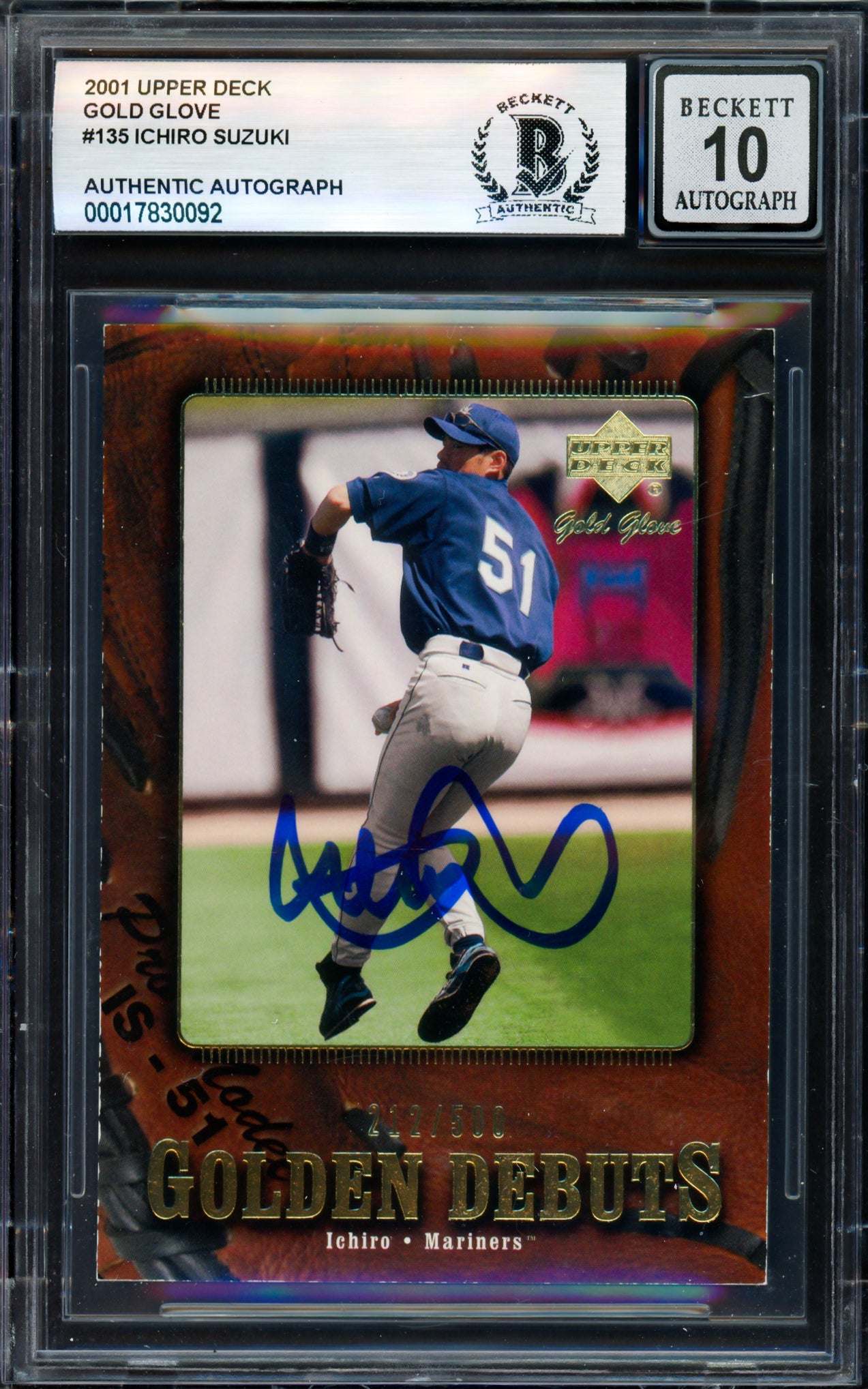 Ichiro Suzuki Autographed 2001 Upper Deck Gold Glove Rookie Card #135 Seattle Mariners Auto Grade Gem Mint 10 Beckett BAS #17830092