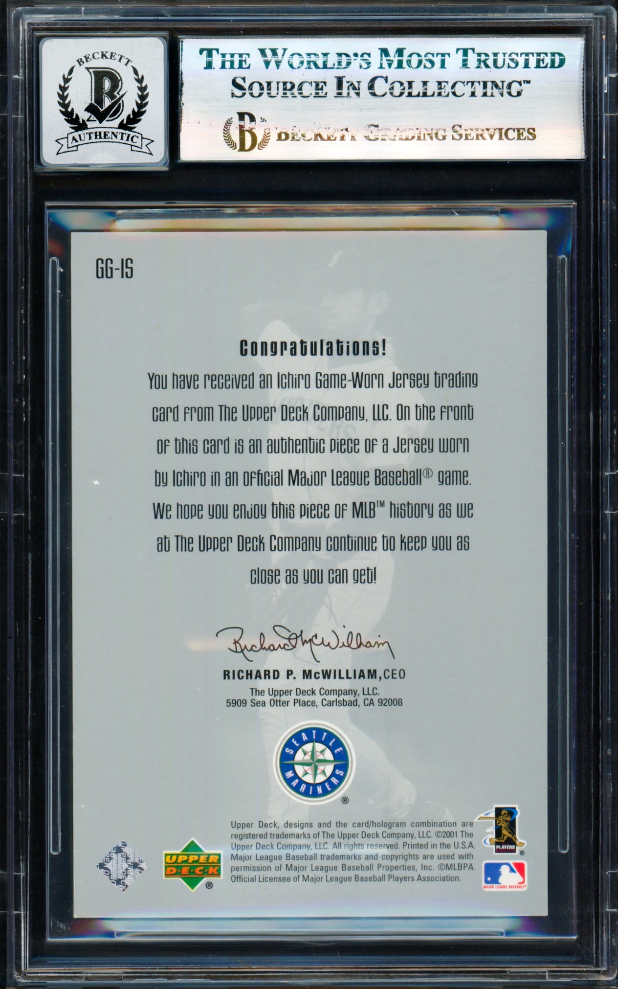 Ichiro Suzuki Autographed 2001 Upper Deck Gold Glove Jersey Rookie Card #GG-IS Seattle Mariners Auto Grade Gem Mint 10 Beckett BAS #17830081