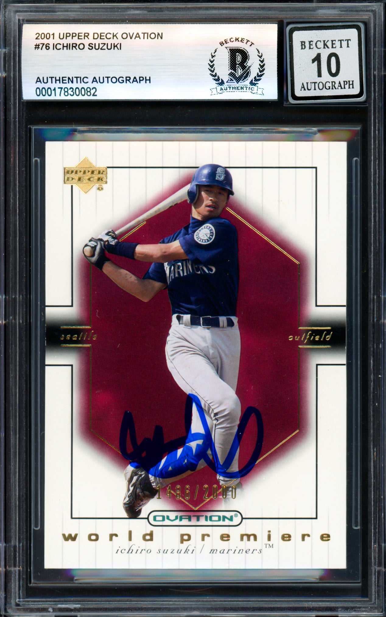 Ichiro Suzuki Autographed 2001 Upper Deck Ovation Rookie Card #76 Seattle Mariners Auto Grade Gem Mint 10 Beckett BAS #17830082