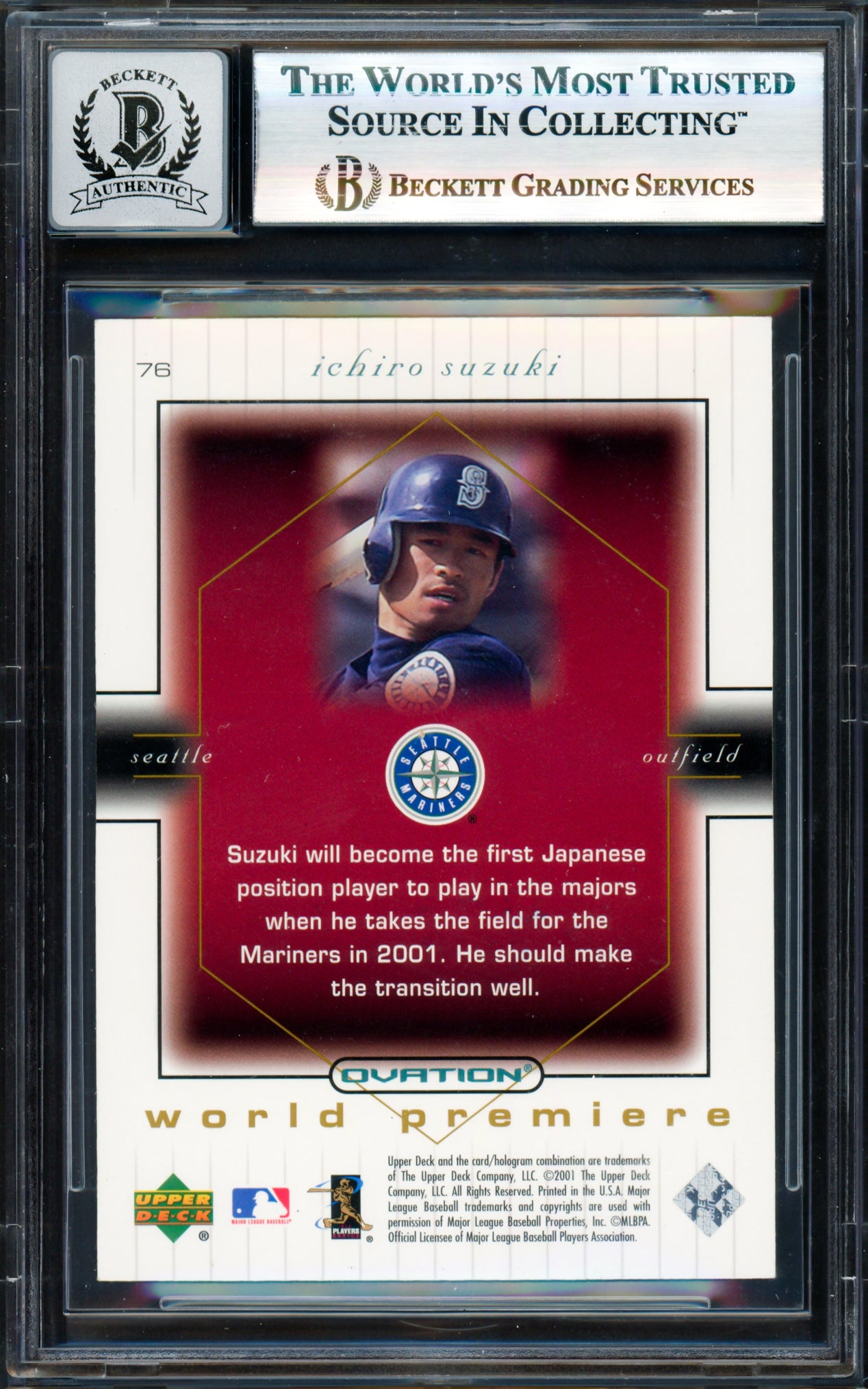 Ichiro Suzuki Autographed 2001 Upper Deck Ovation Rookie Card #76 Seattle Mariners Auto Grade Gem Mint 10 Beckett BAS #17830082