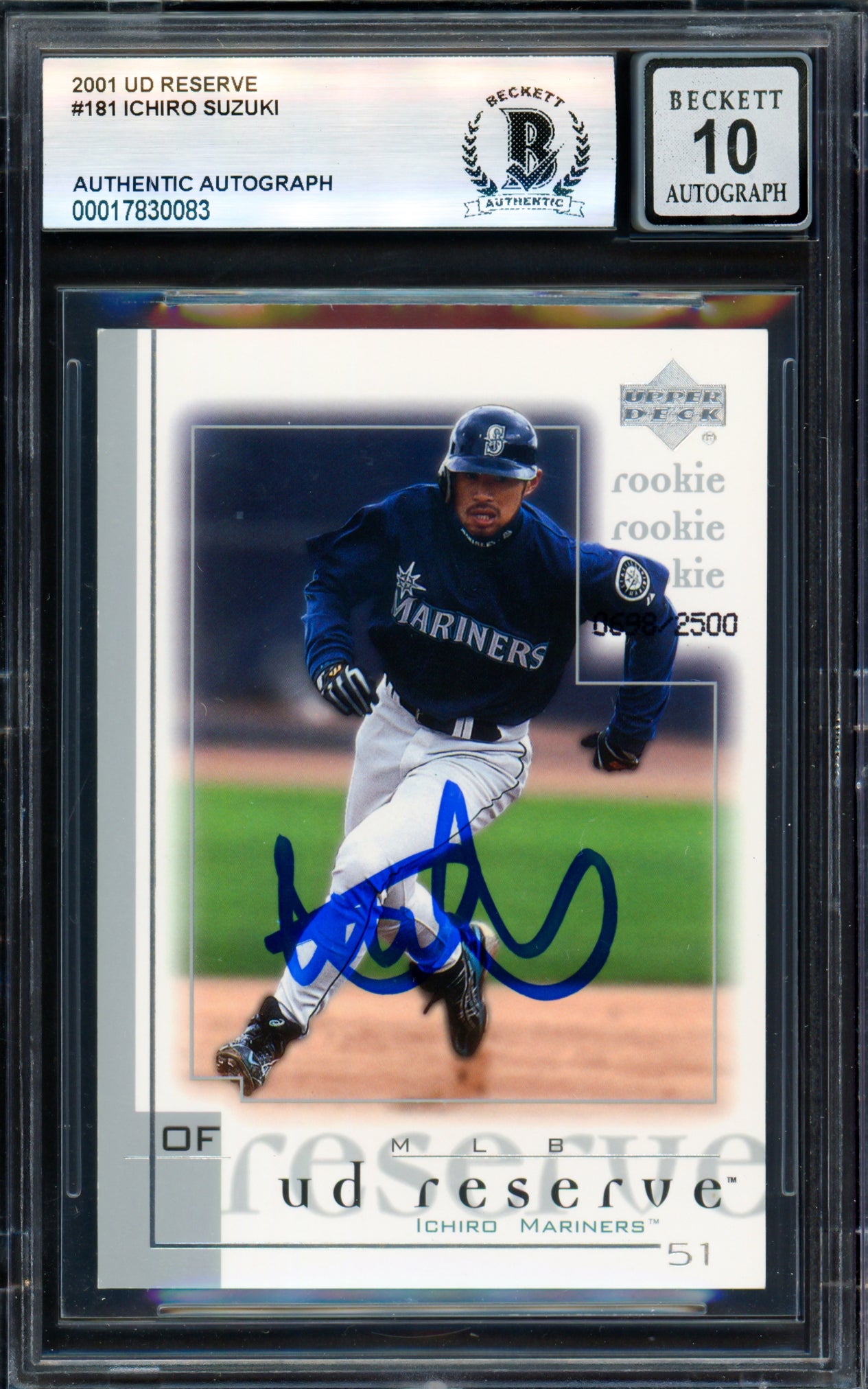 Ichiro Suzuki Autographed 2001 UD Reserve Rookie Card #181 Seattle Mariners Auto Grade Gem Mint 10 Beckett BAS #17830083
