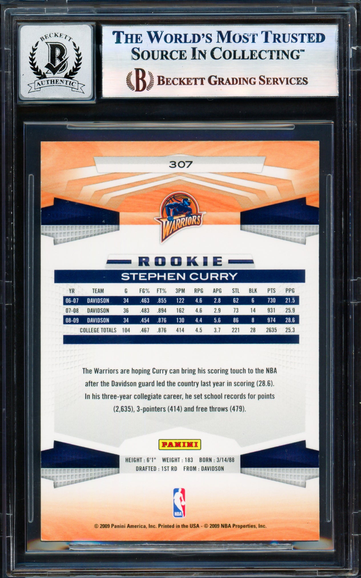 Stephen Curry Autographed 2009-10 Panini Card #307 Golden State Warriors Auto Grade Gem Mint 10 Beckett BAS #17855456