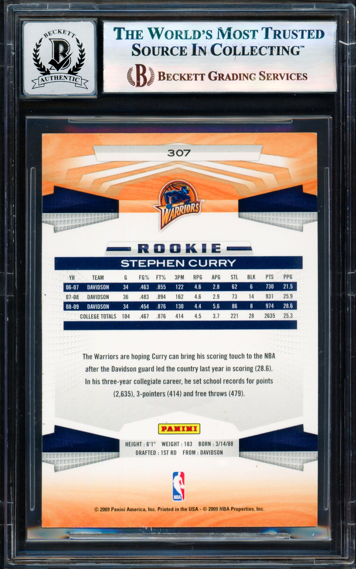 Stephen Curry Autographed 2009-10 Panini Card #307 Golden State Warriors Auto Grade Gem Mint 10 Beckett BAS #17855452