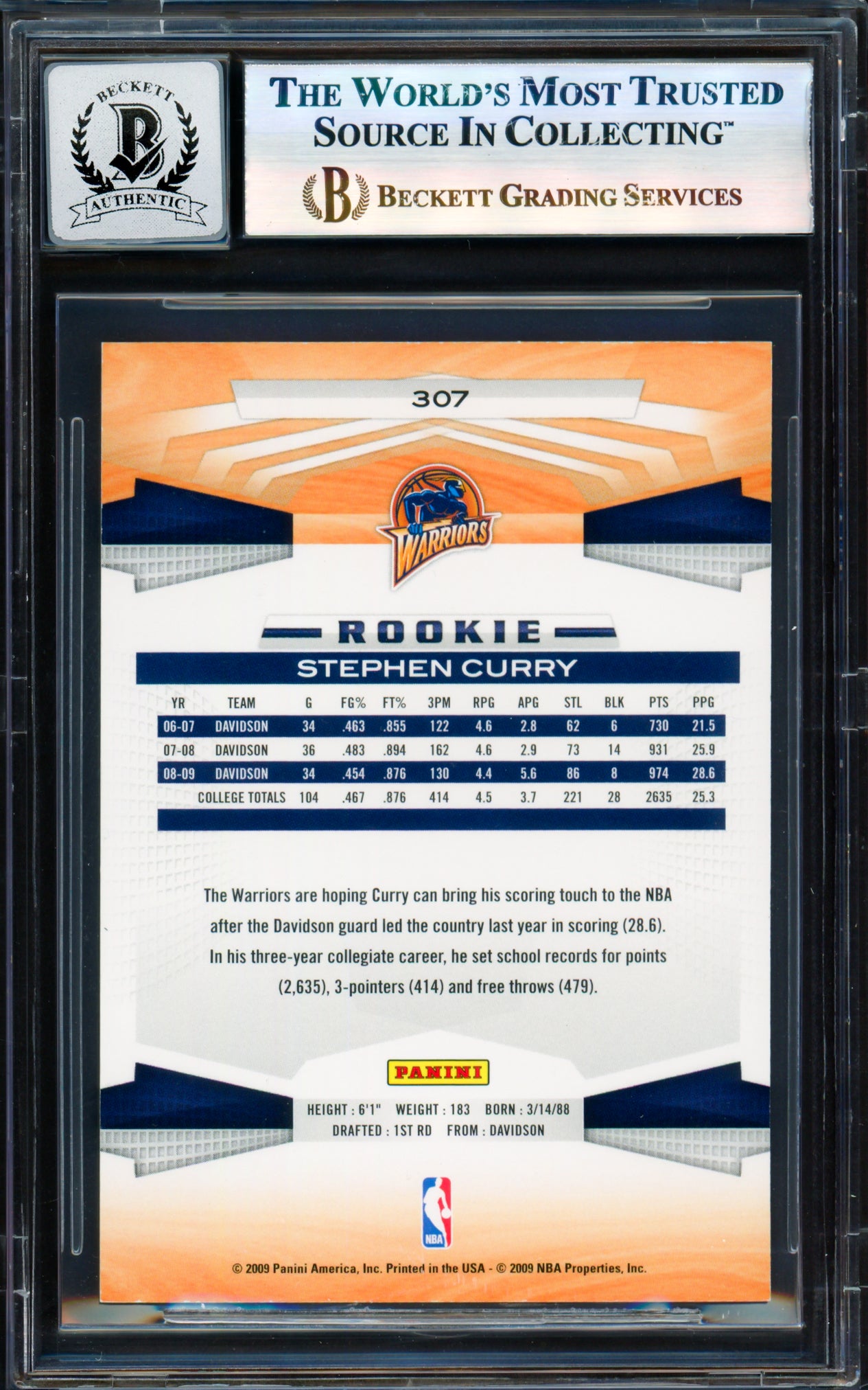 Stephen Curry Autographed 2009-10 Panini Card #307 Golden State Warriors Auto Grade Gem Mint 10 Beckett BAS #17855454