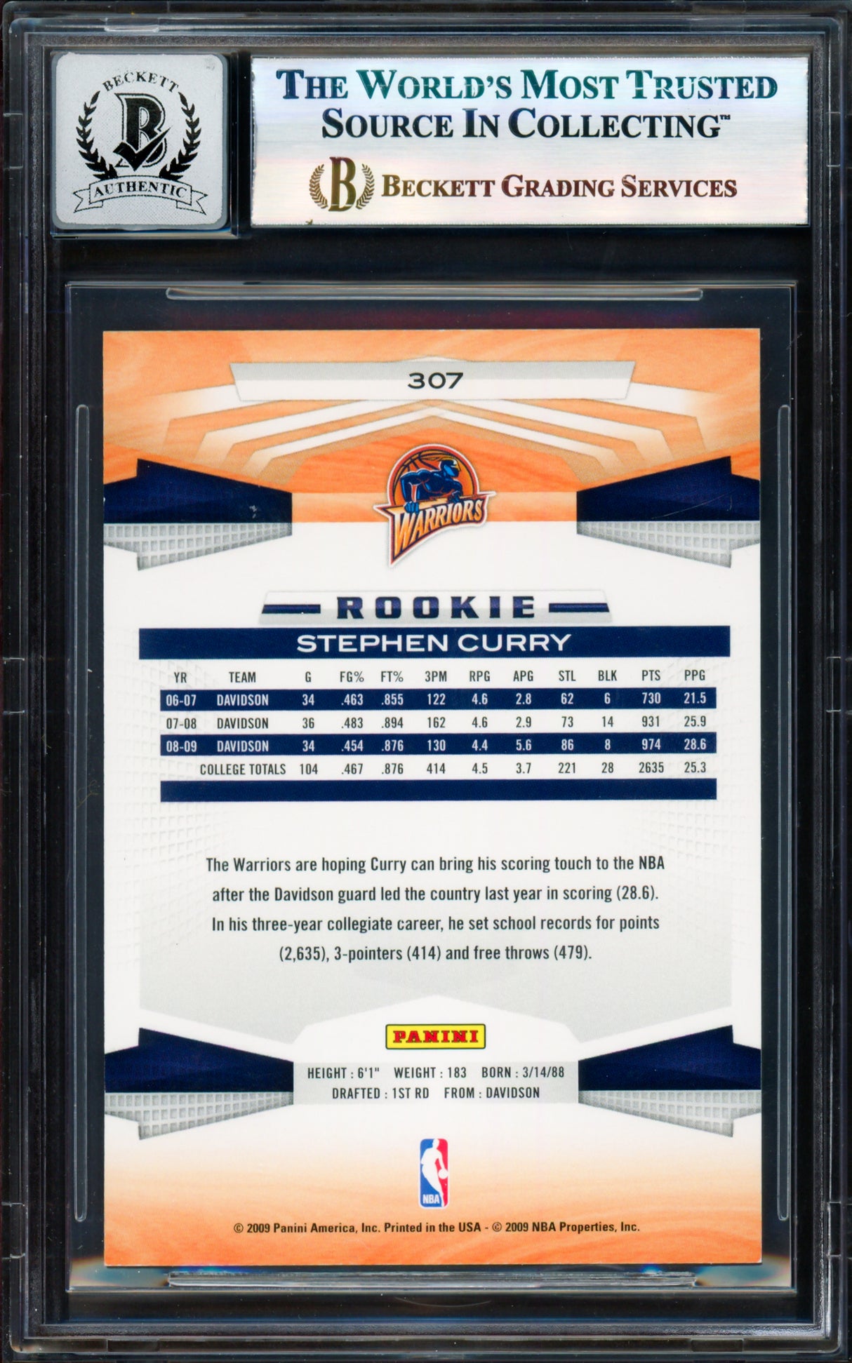 Stephen Curry Autographed 2009-10 Panini Card #307 Golden State Warriors Auto Grade Gem Mint 10 Beckett BAS #17855455