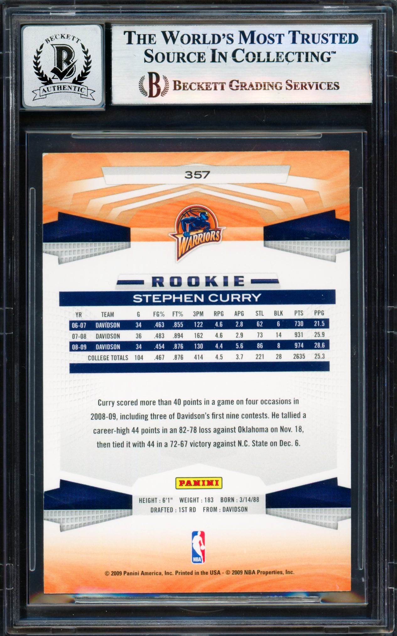 Stephen Curry Autographed 2009-10 Panini Card #357 Golden State Warriors Auto Grade Gem Mint 10 Beckett BAS #17855524
