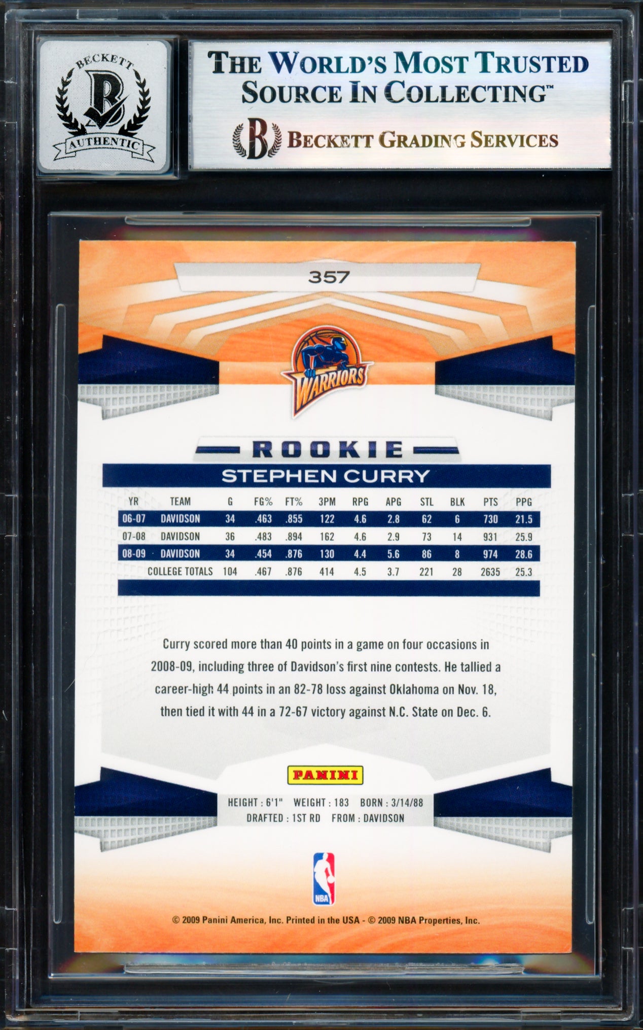 Stephen Curry Autographed 2009-10 Panini Card #357 Golden State Warriors Auto Grade Gem Mint 10 Beckett BAS #17855527