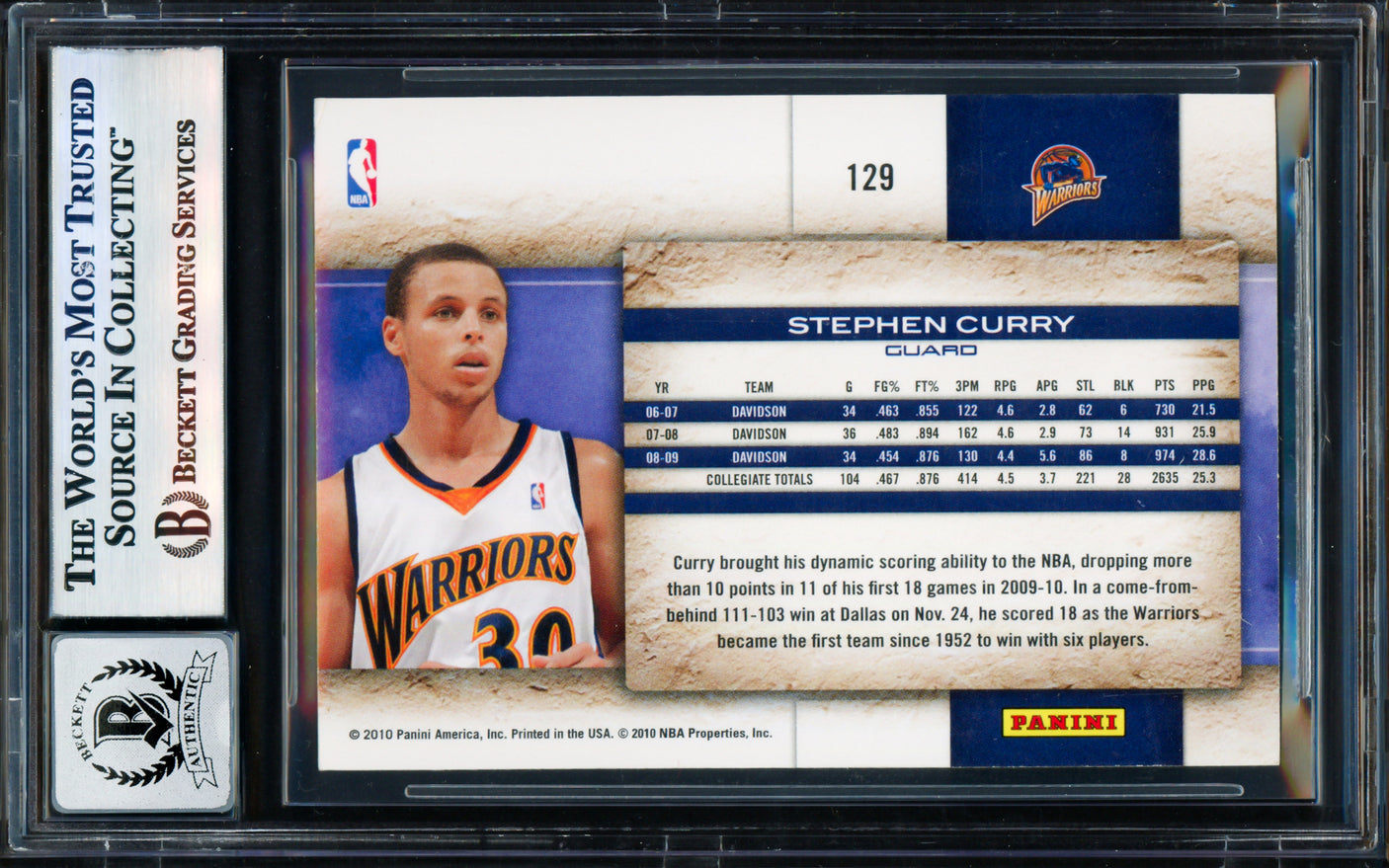 Stephen Curry Autographed 2009-10 Panini Donruss Studio Card #129 Golden State Warriors Auto Grade Gem Mint 10 Beckett BAS #17855540