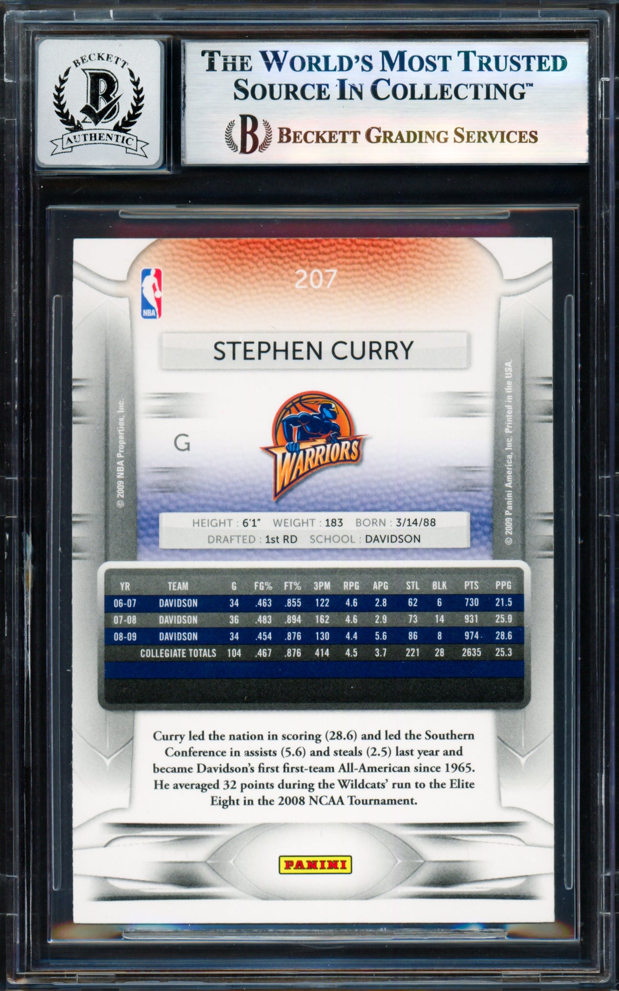 Stephen Curry Autographed 2009-10 Panini Prestige Card #207 Golden State Warriors Auto Grade Gem Mint 10 Beckett BAS #17855547