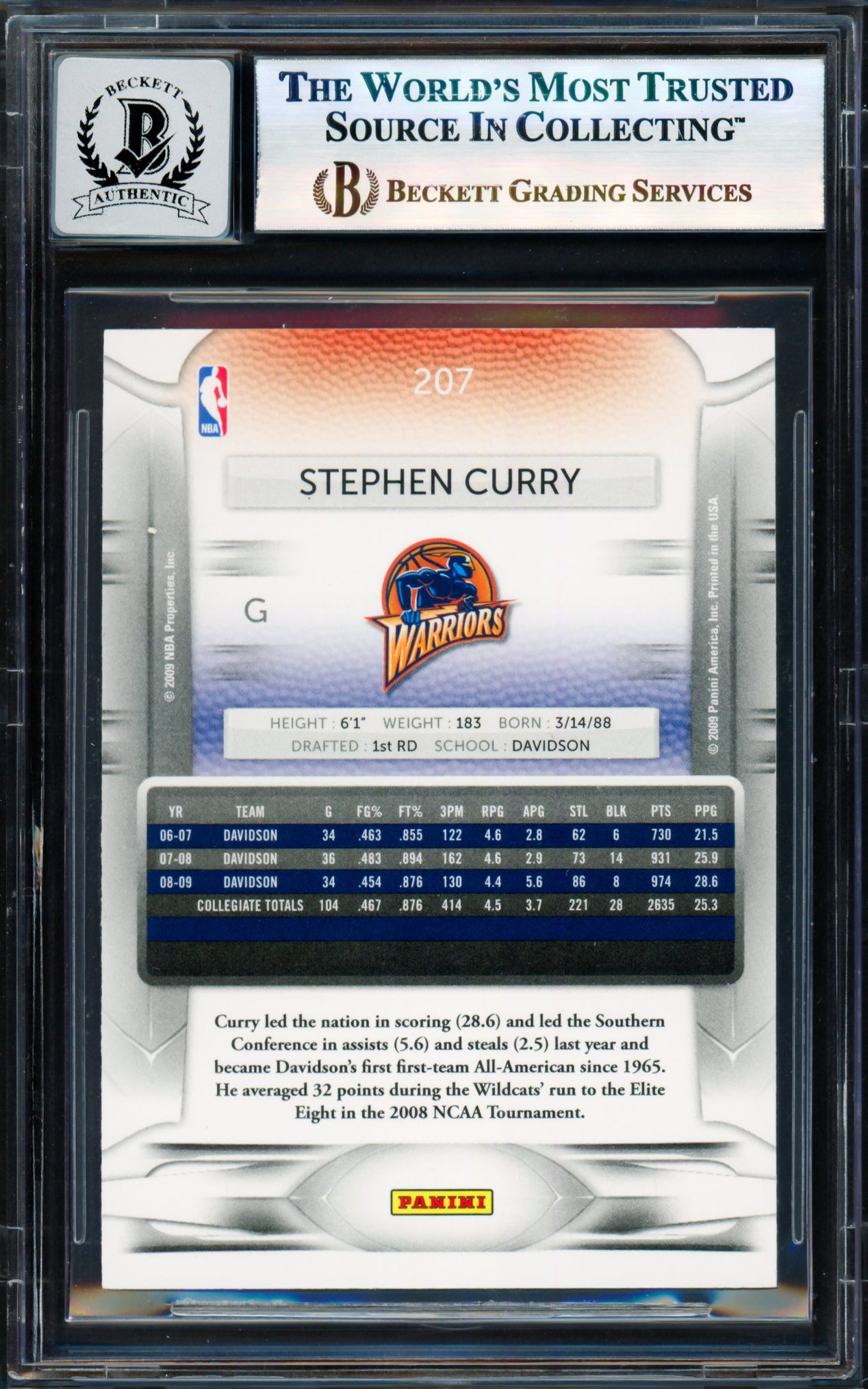 Stephen Curry Autographed 2009-10 Panini Prestige Card #207 Golden State Warriors Auto Grade Gem Mint 10 Beckett BAS #17855552
