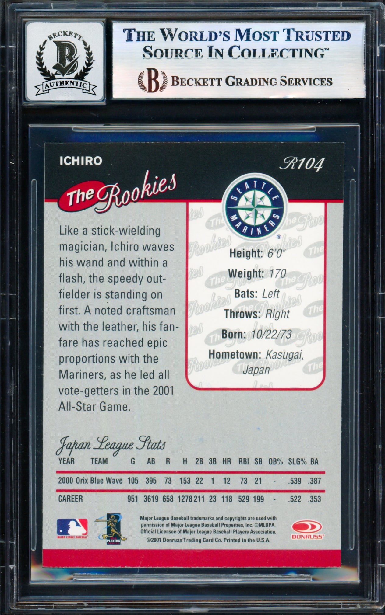 Ichiro Suzuki Autographed 2001 Donruss Card #R104 Seattle Mariners Auto Grade Gem Mint 10 Beckett BAS #17855926