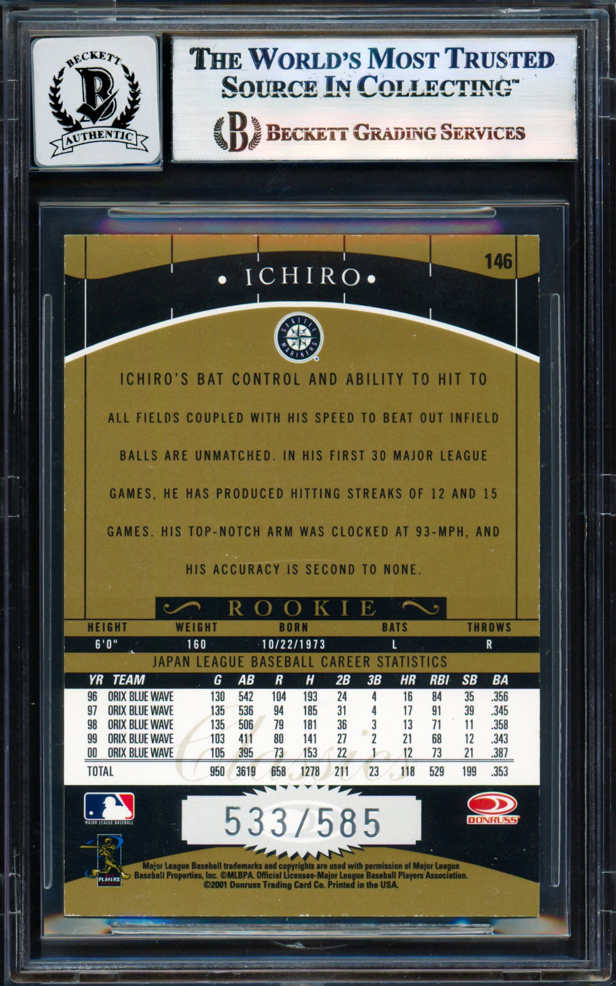 Ichiro Suzuki Autographed 2001 Donruss Classics Card #146 Seattle Mariners Auto Grade Gem Mint 10 #533/585 Beckett BAS #17855935