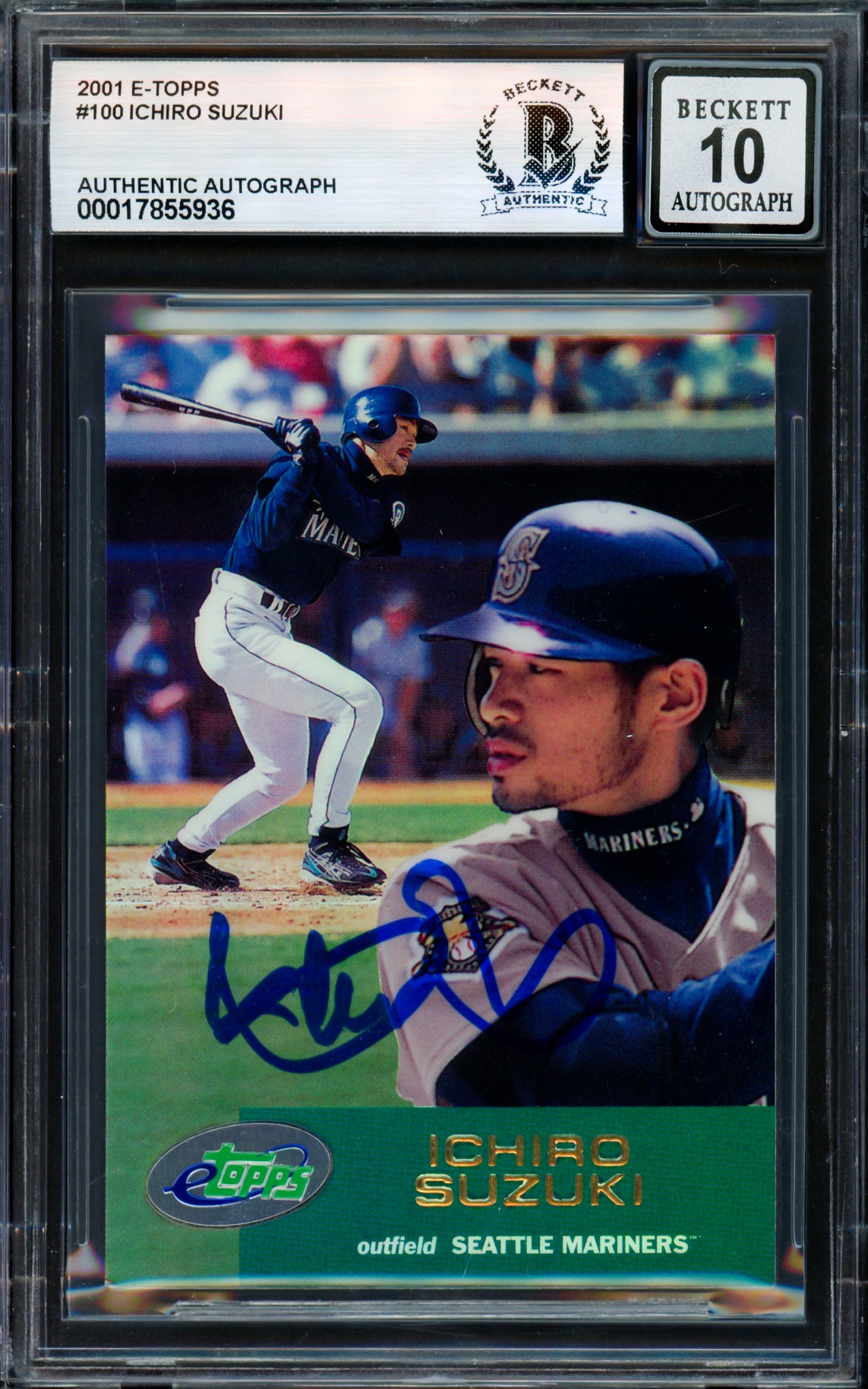Ichiro Suzuki Autographed 2001 eTopps Card #100 Seattle Mariners Auto Grade Gem Mint 10 Beckett BAS #17855936