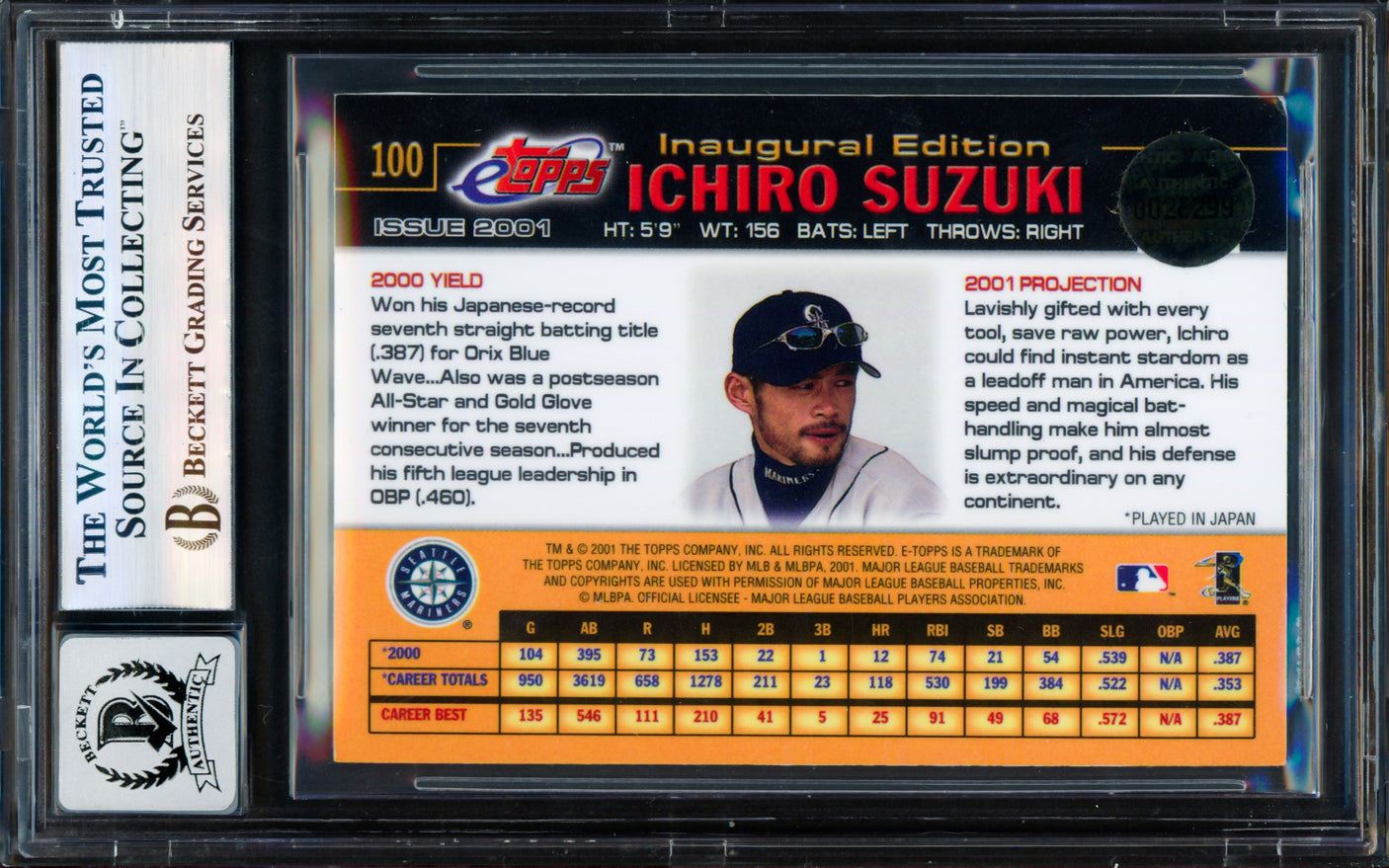 Ichiro Suzuki Autographed 2001 eTopps Card #100 Seattle Mariners Auto Grade Gem Mint 10 Beckett BAS #17855936