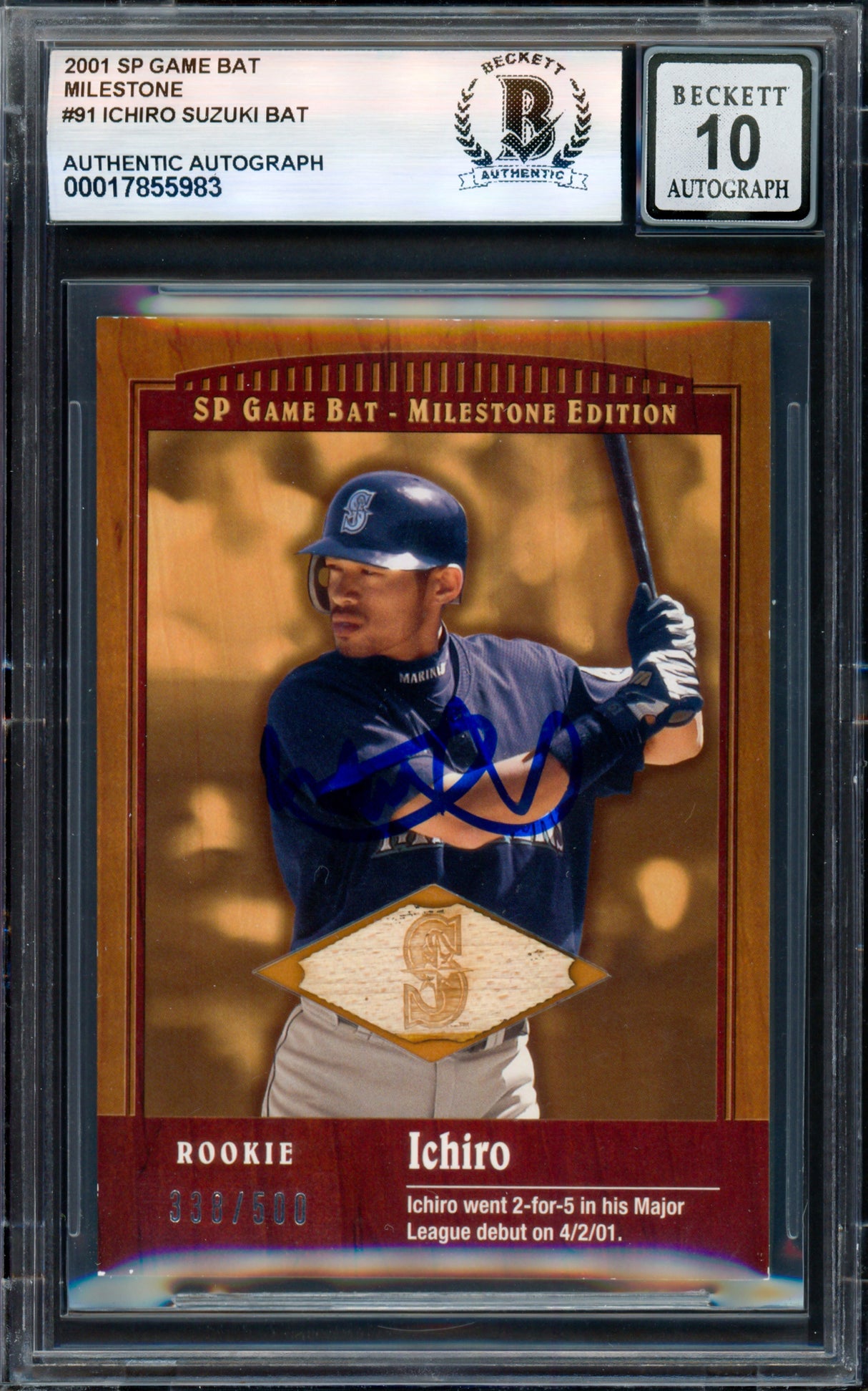Ichiro Suzuki Autographed 2001 SP Game Bat Milestone Piece of Action Card #91 Seattle Mariners Auto Grade Gem Mint 10 #338/500 Beckett BAS #17855983