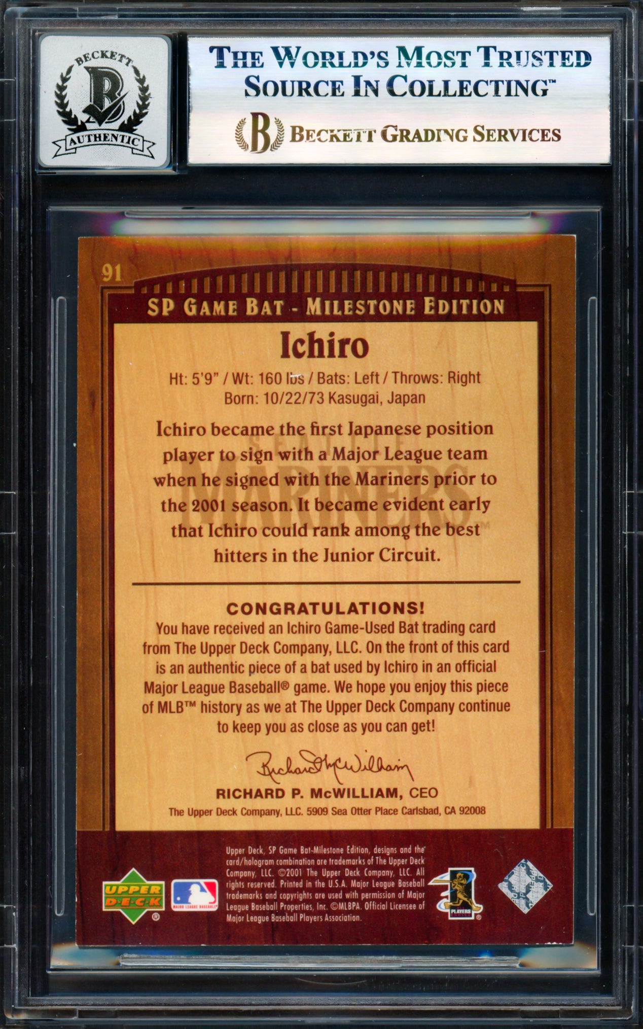 Ichiro Suzuki Autographed 2001 SP Game Bat Milestone Piece of Action Card #91 Seattle Mariners Auto Grade Gem Mint 10 #338/500 Beckett BAS #17855983