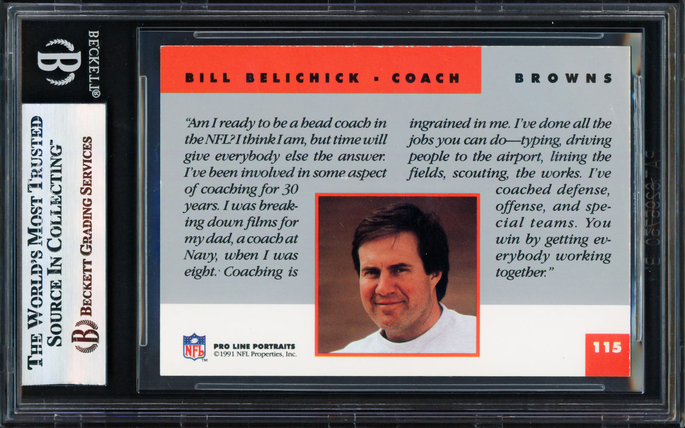 Bill Belichick Autographed 1991 Pro Line Rookie Card #115 Cleveland Browns "To Dave" Beckett BAS #17856363