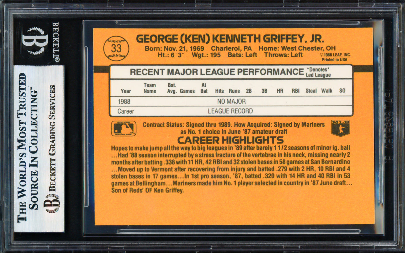 Ken Griffey Jr. Autographed 1989 Donruss Rookie Card #33 Seattle Mariners Vintage Rookie Era Signature Beckett BAS #17856329