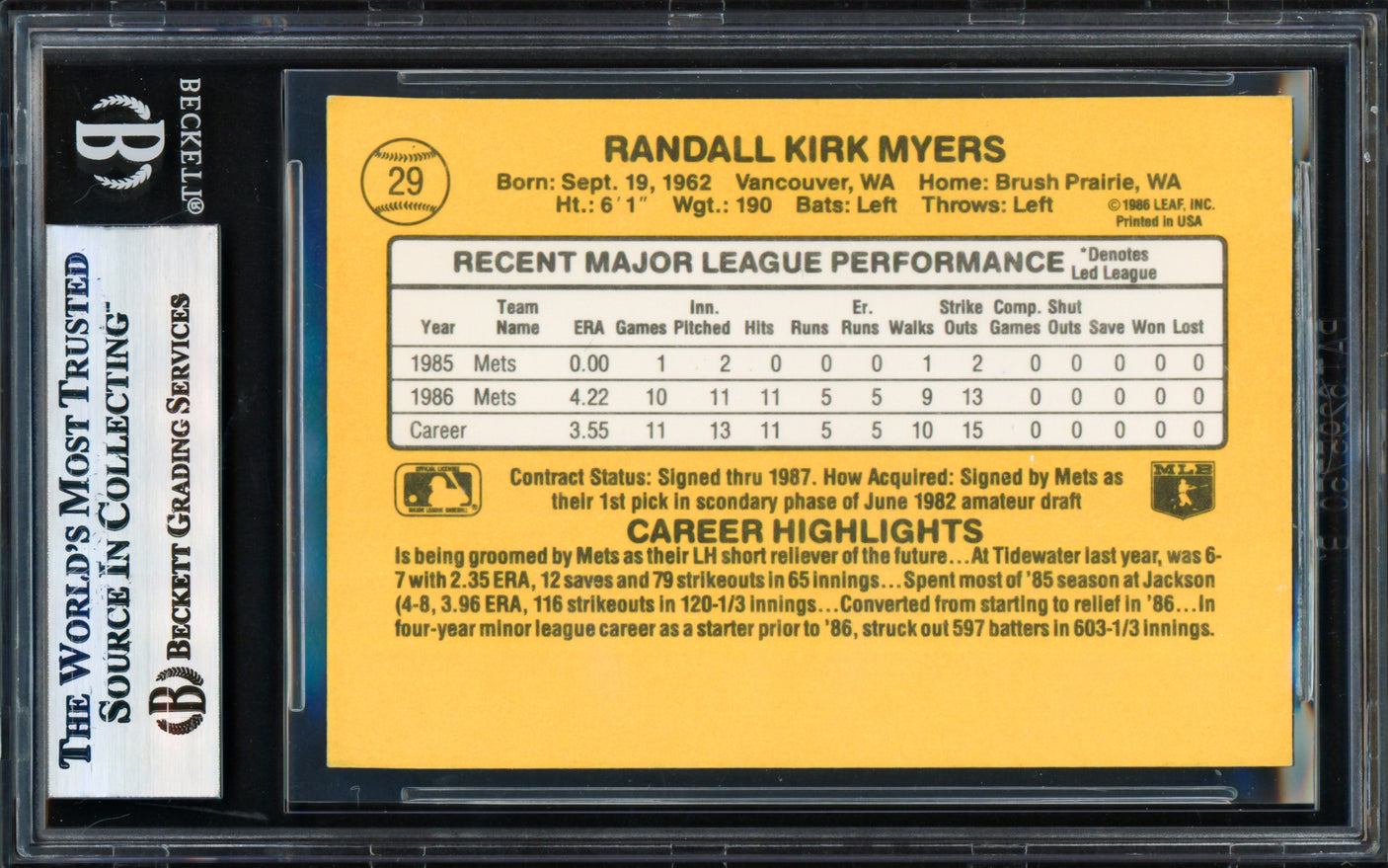 Randy Myers Autographed 1987 Donruss Rookie Card #29 New York Mets Beckett BAS #17856409