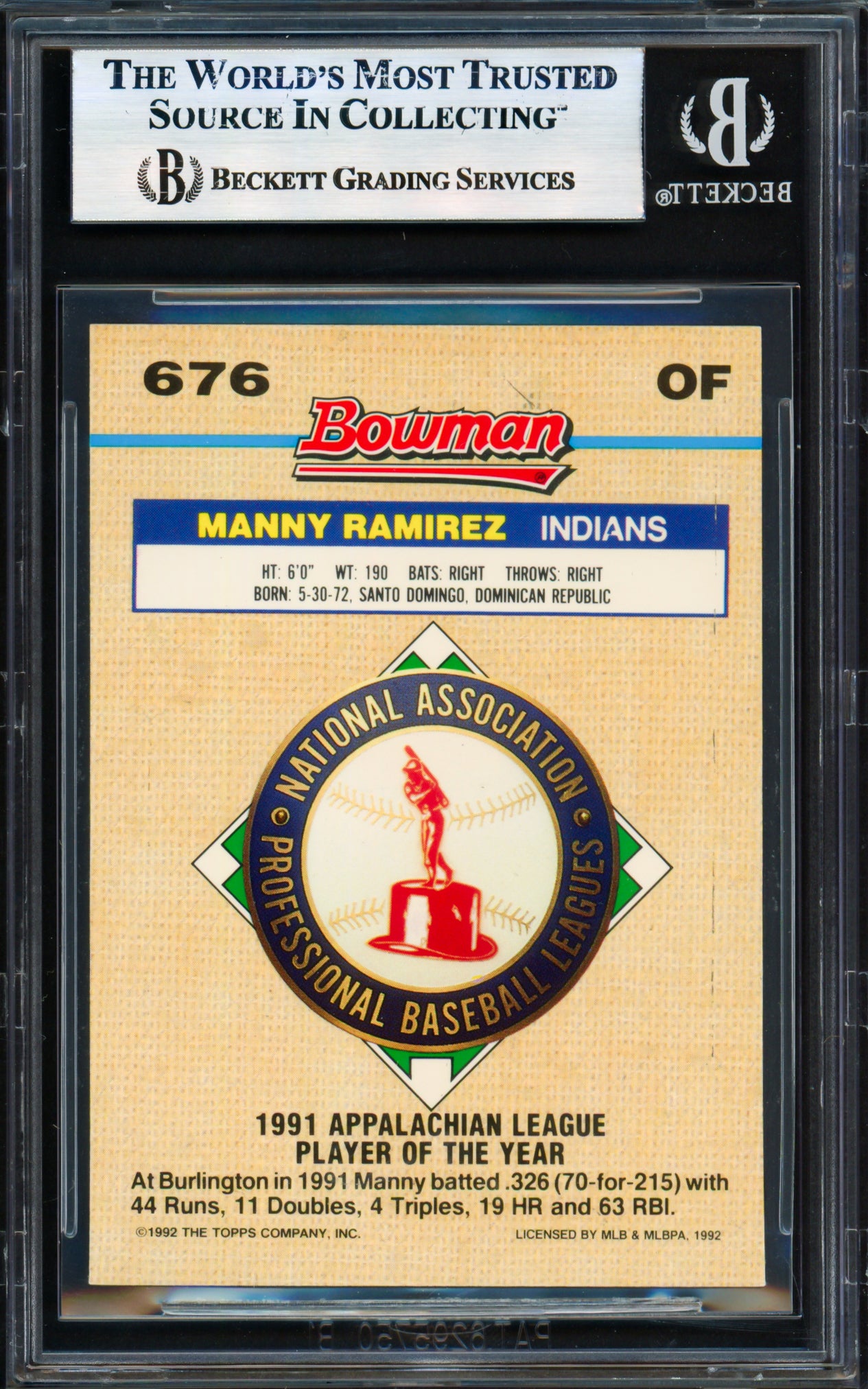 Manny Ramirez Autographed 1992 Bowman Gold Foil Rookie Card #676 Cleveland Indians Beckett BAS #17856426