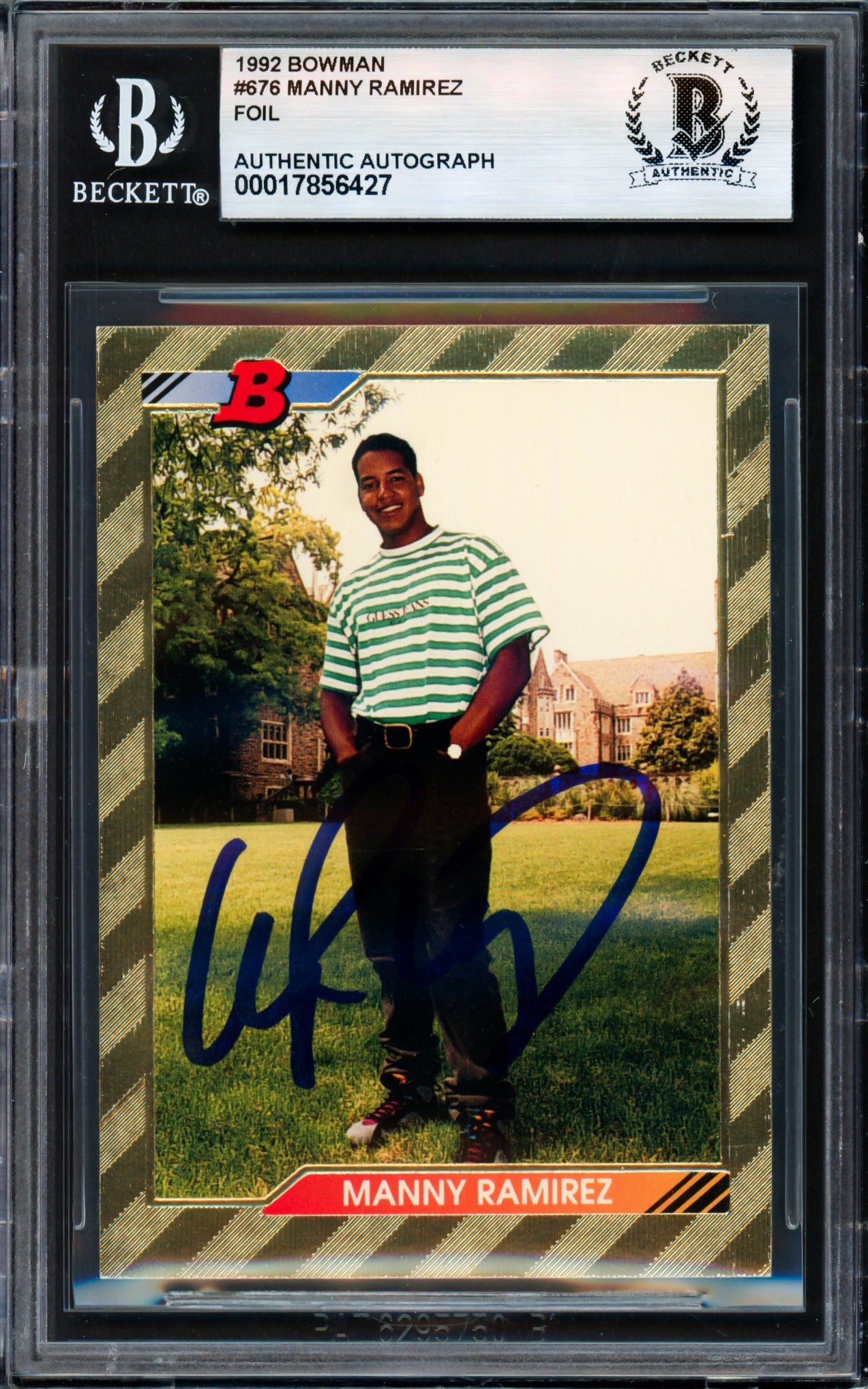 Manny Ramirez Autographed 1992 Bowman Gold Foil Rookie Card #676 Cleveland Indians Beckett BAS #17856427