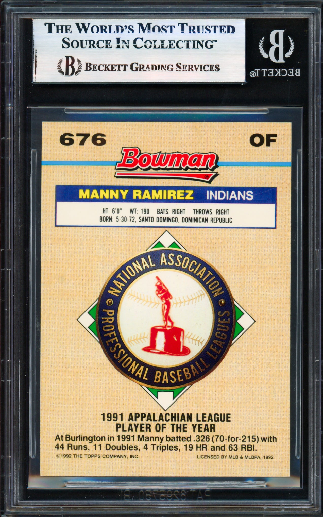 Manny Ramirez Autographed 1992 Bowman Gold Foil Rookie Card #676 Cleveland Indians Beckett BAS #17856427