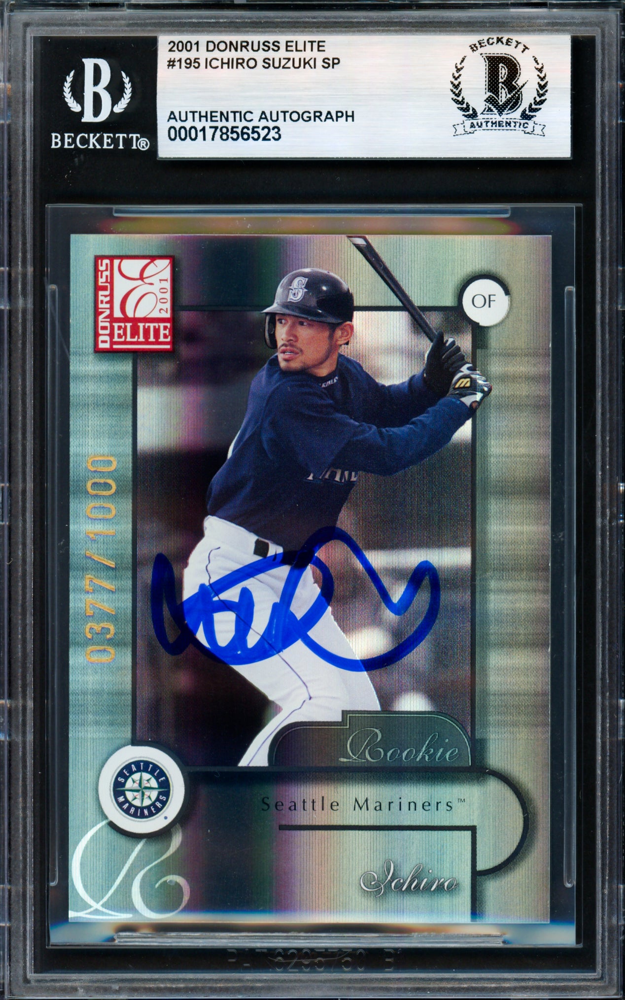 Ichiro Suzuki Autographed 2001 Donruss Elite Rookie Card #195 Seattle Mariners #377/1000 Beckett BAS #17856523