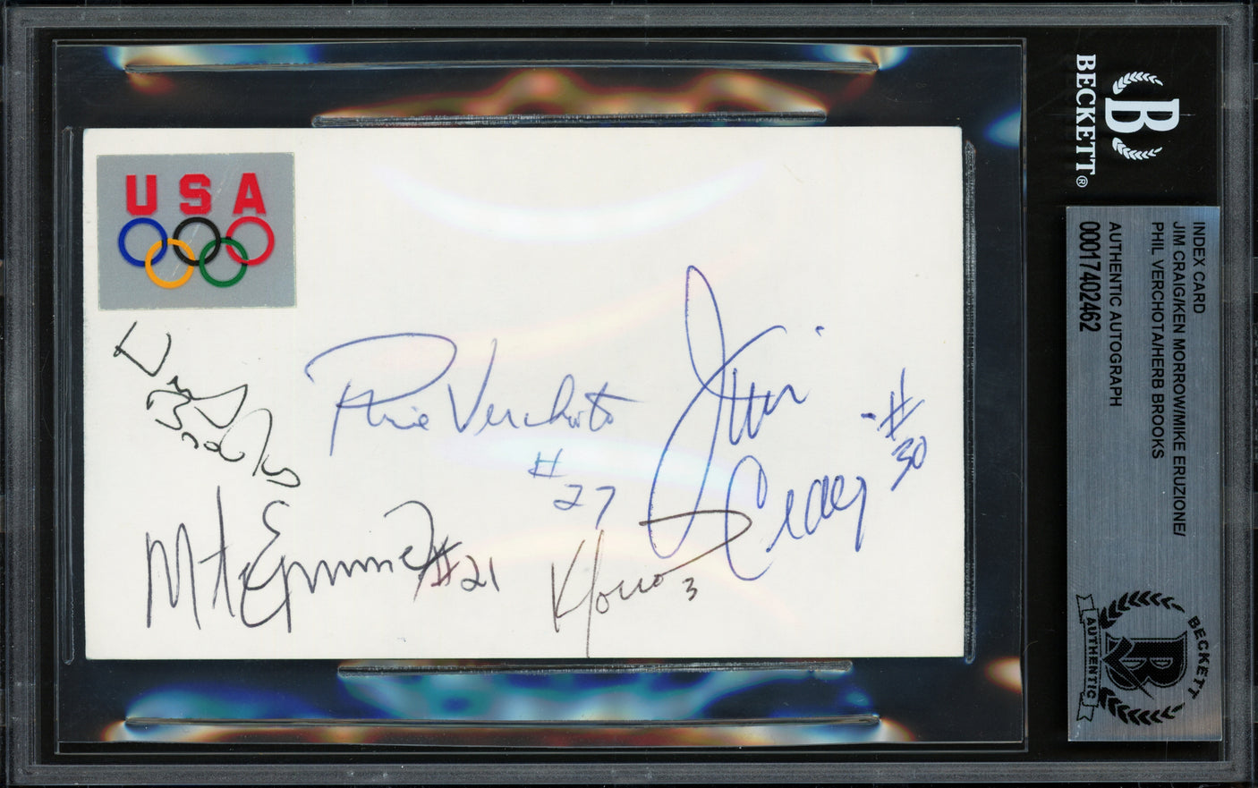 1980 Team USA Hockey Miracle on Ice Autographed 3x5 Index Card With 5 Signatures Including Herb Brooks Beckett BAS #17402462
